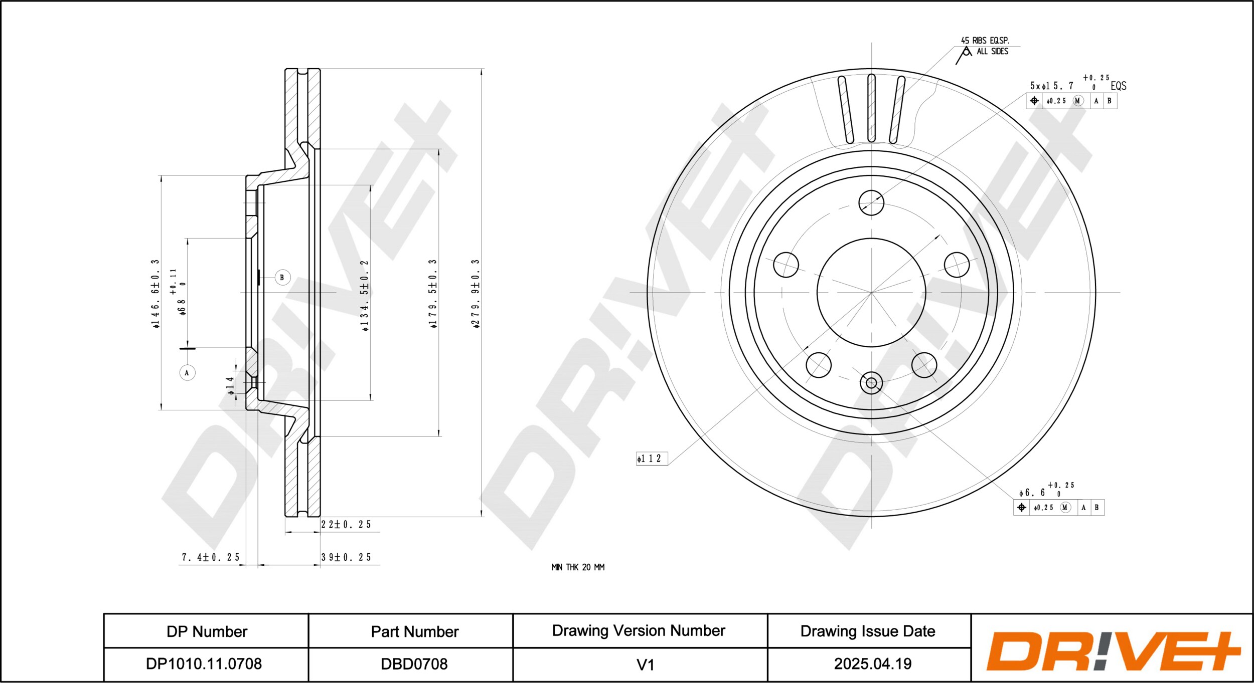 DR!VE+ Bremseskive dp1010110708 foraksel ventileret 280mm 22mm for VW