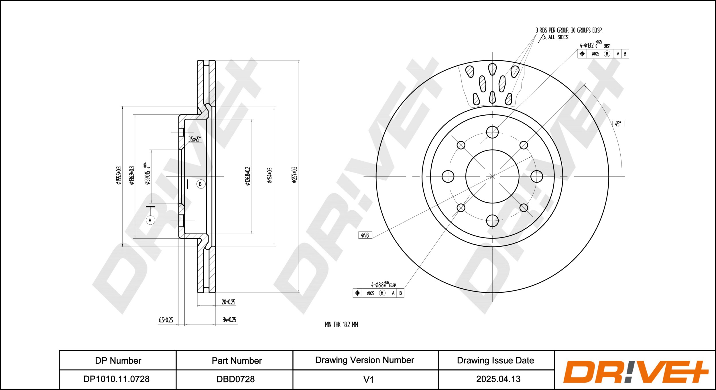 DR!VE+ Bremseskive dp1010110728 foraksel ventileret 258mm 20mm for FIAT LANCIA ALFA ROMEO