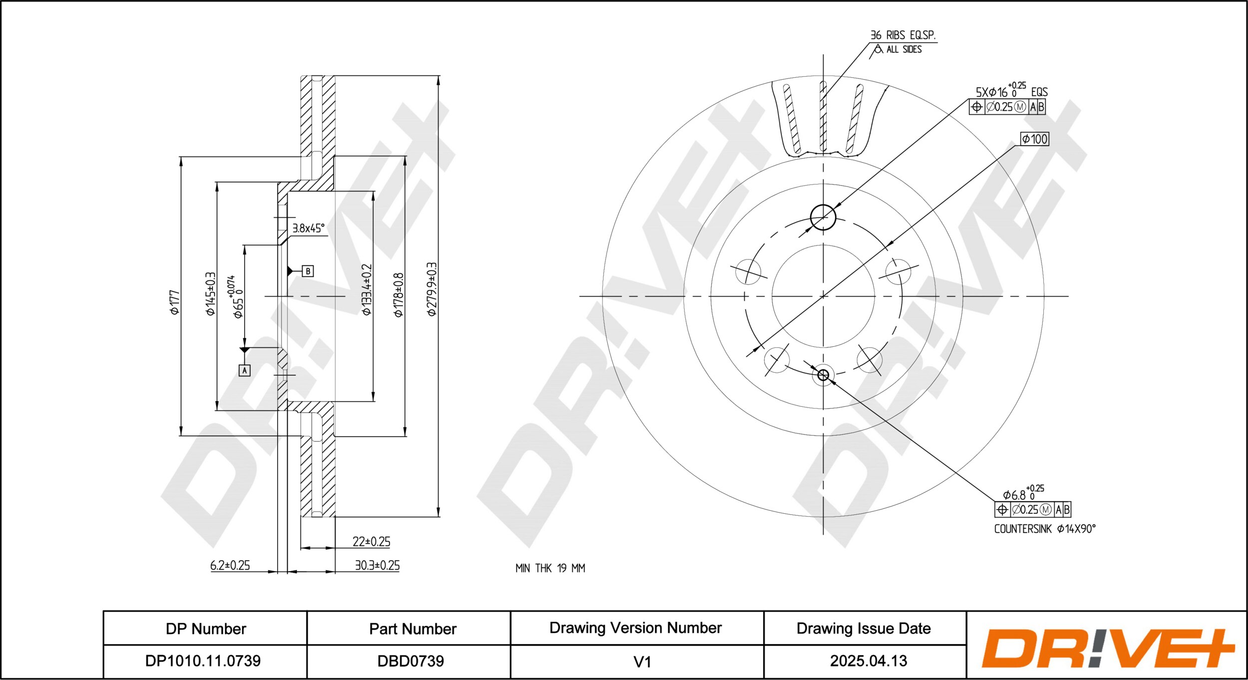 DR!VE+ Bremseskive dp1010110739 foraksel ventileret 280mm 22mm for BRILLIANCE VW VW (SVW)
