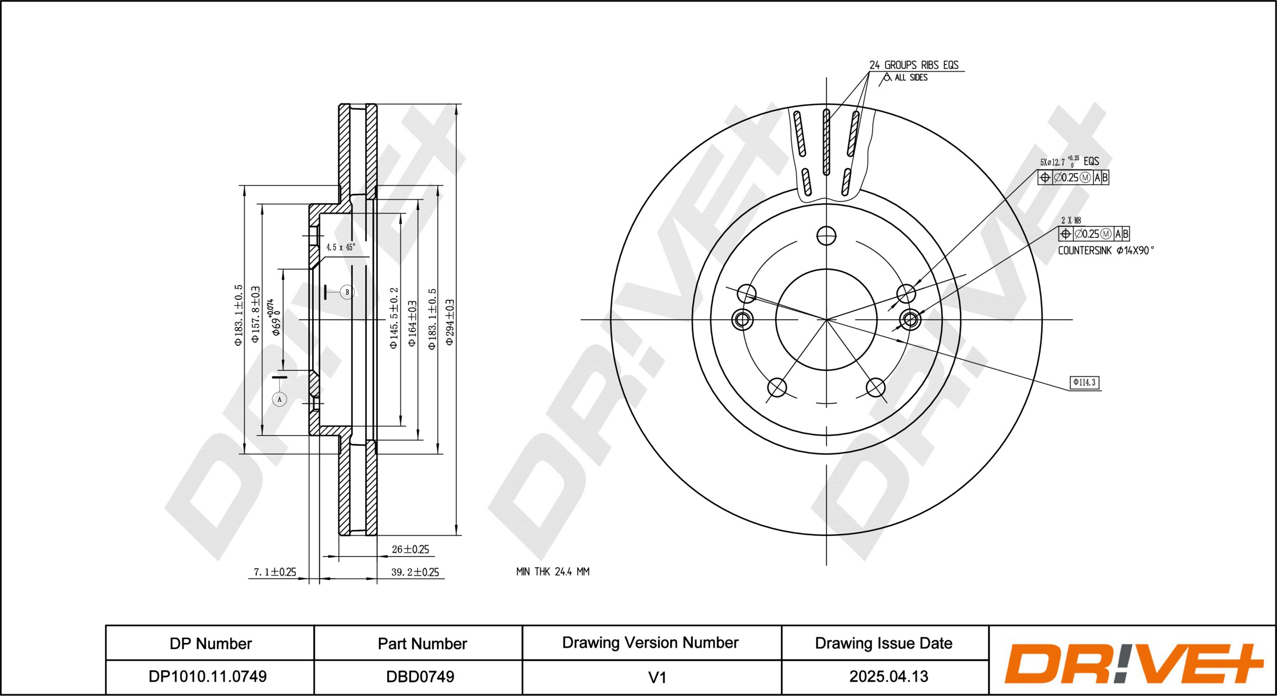 DR!VE+ Bremseskive dp1010110749 foraksel ventileret 294mm 26mm for HYUNDAI