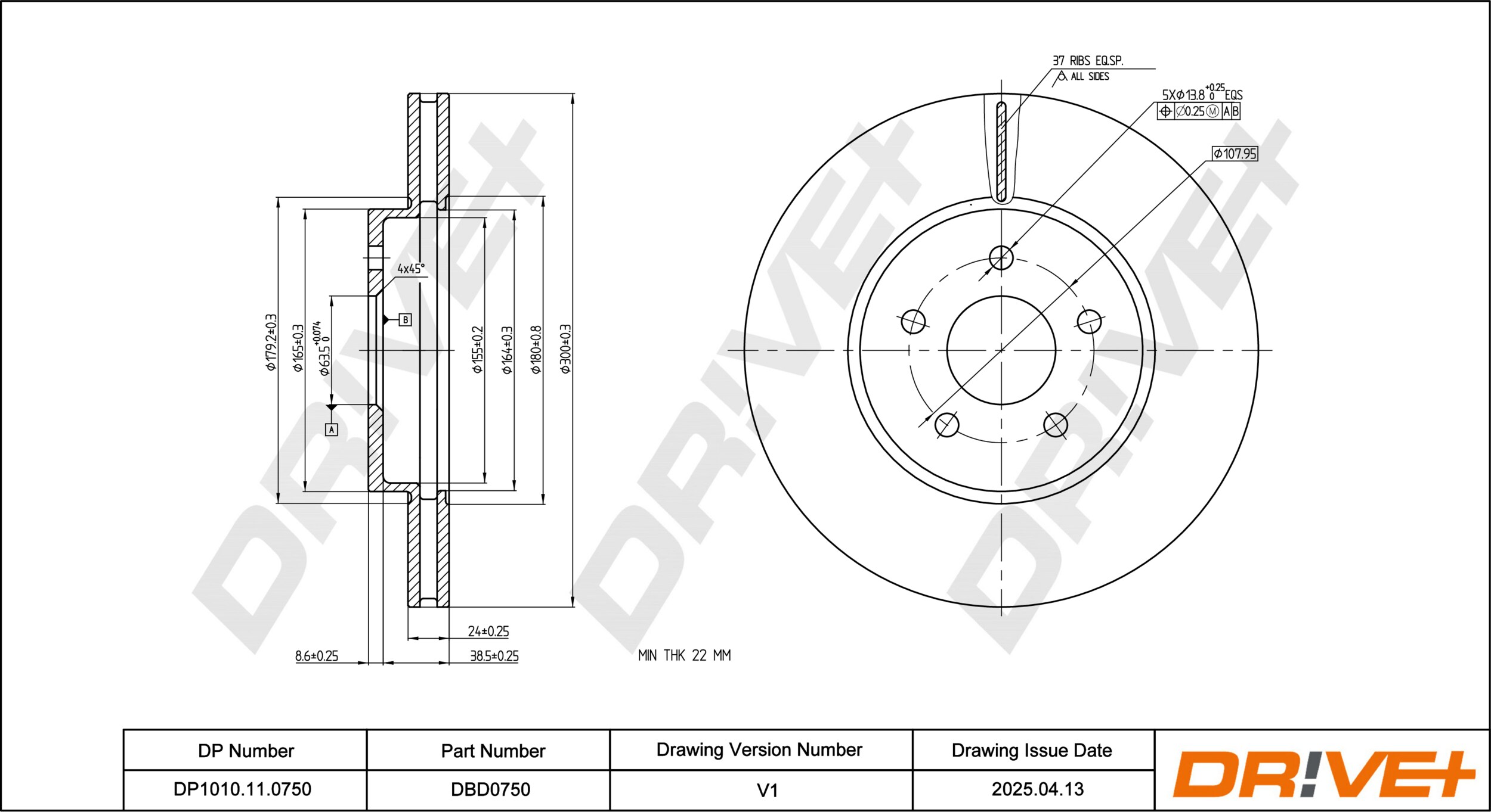 DR!VE+ Bremseskive dp1010110750 foraksel ventileret 300mm 24mm for FORD JAGUAR