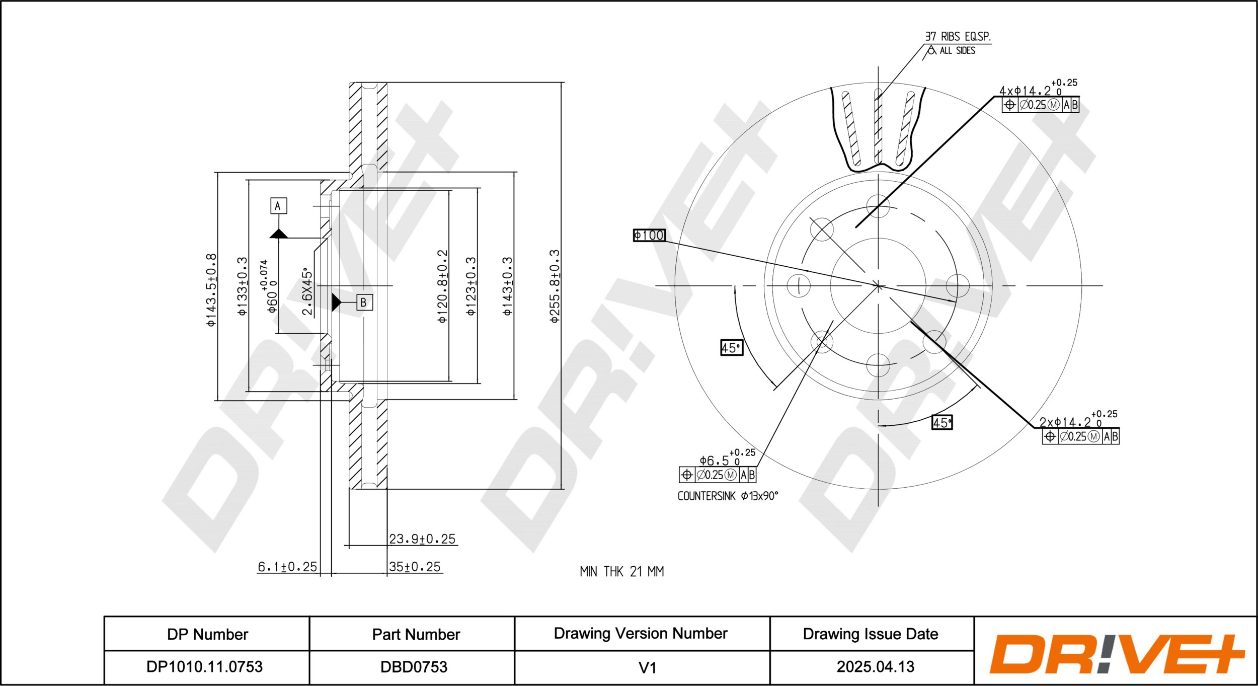 DR!VE+ Bremseskive dp1010110753 foraksel ventileret 256mm 24mm for VAUXHALL CHEVROLET