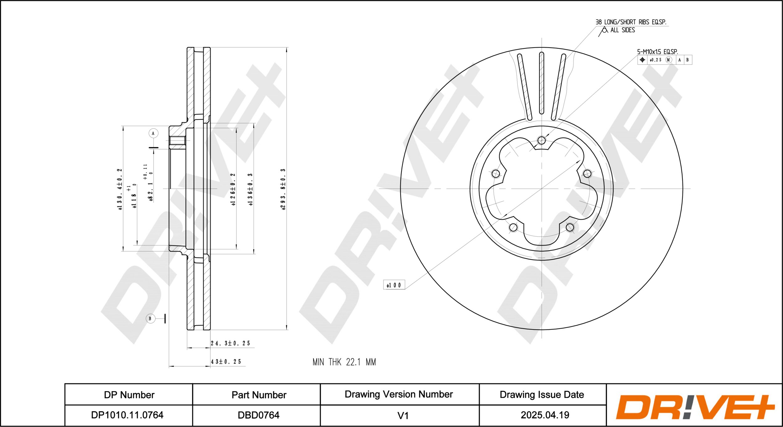 DR!VE+ Bremseskive dp1010110764 foraksel ventileret 294mm 24mm for FORD