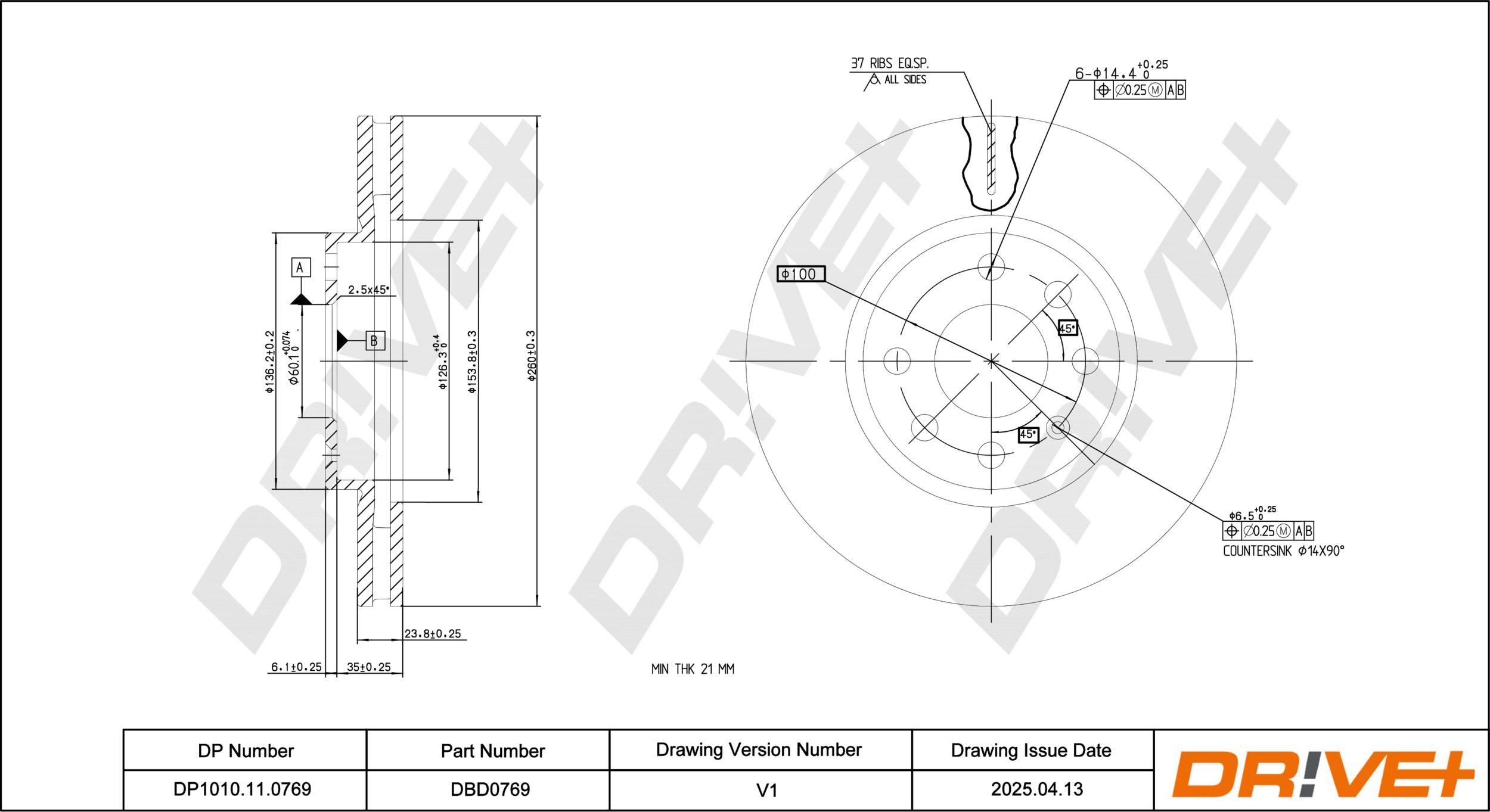 DR!VE+ Bremseskive dp1010110769 foraksel ventileret 260mm 24mm for OPEL CHEVROLET VAUXHALL
