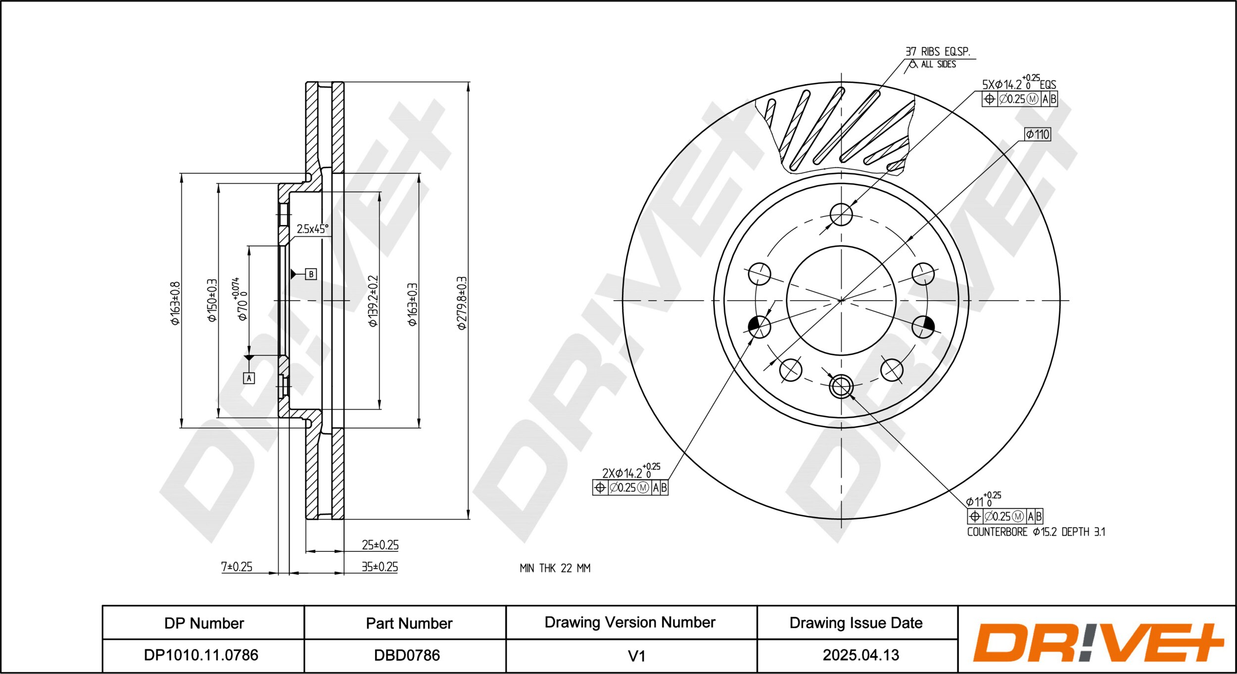DR!VE+ Bremseskive dp1010110786 foraksel ventileret 280mm 25mm for CHEVROLET VAUXHALL