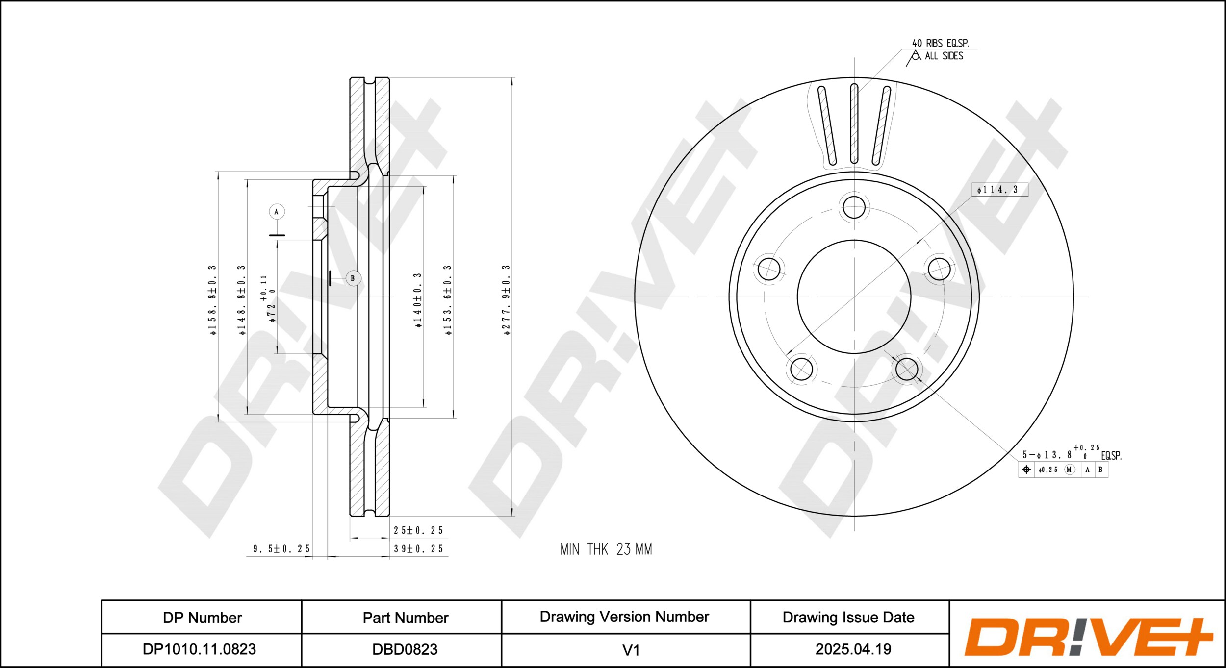DR!VE+ Bremseskive dp1010110823 foraksel ventileret 278mm 25mm for MAZDA (CHANGAN) MAZDA MITSUBISHI