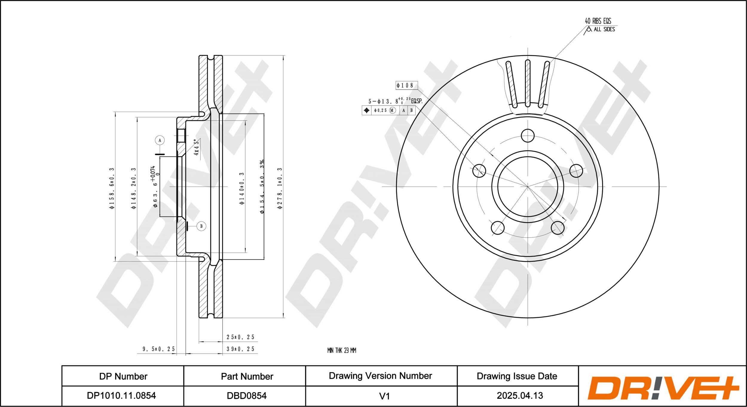 DR!VE+ Bremseskive dp1010110854 foraksel ventileret 279mm 25mm for VOLVO FORD FORD (CHANGAN) MAZDA (CHANGAN)