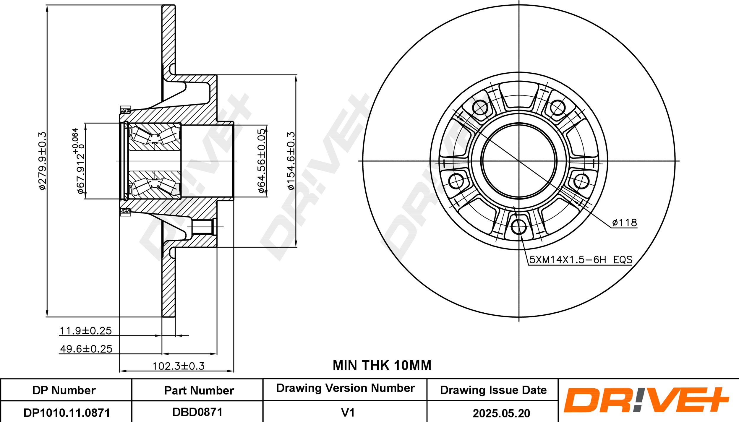 DR!VE+ Bremseskive dp1010110871 bagaksel fuld 280mm 12mm for RENAULT VAUXHALL OPEL NISSAN