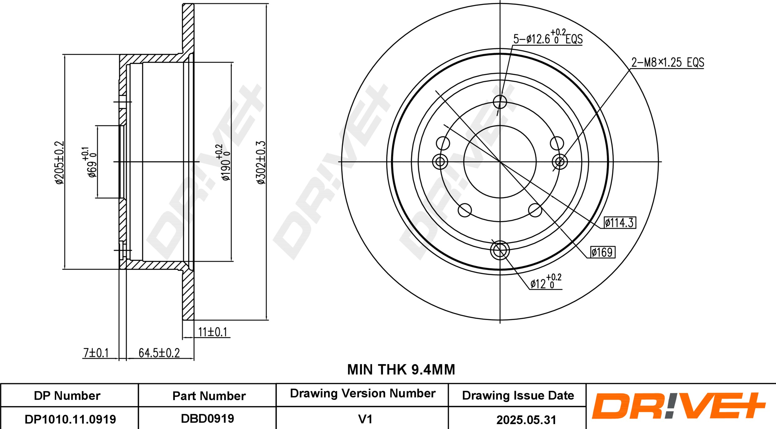 DR!VE+ Bremseskive dp1010110919 bagaksel fuld 302mm 11mm for HYUNDAI