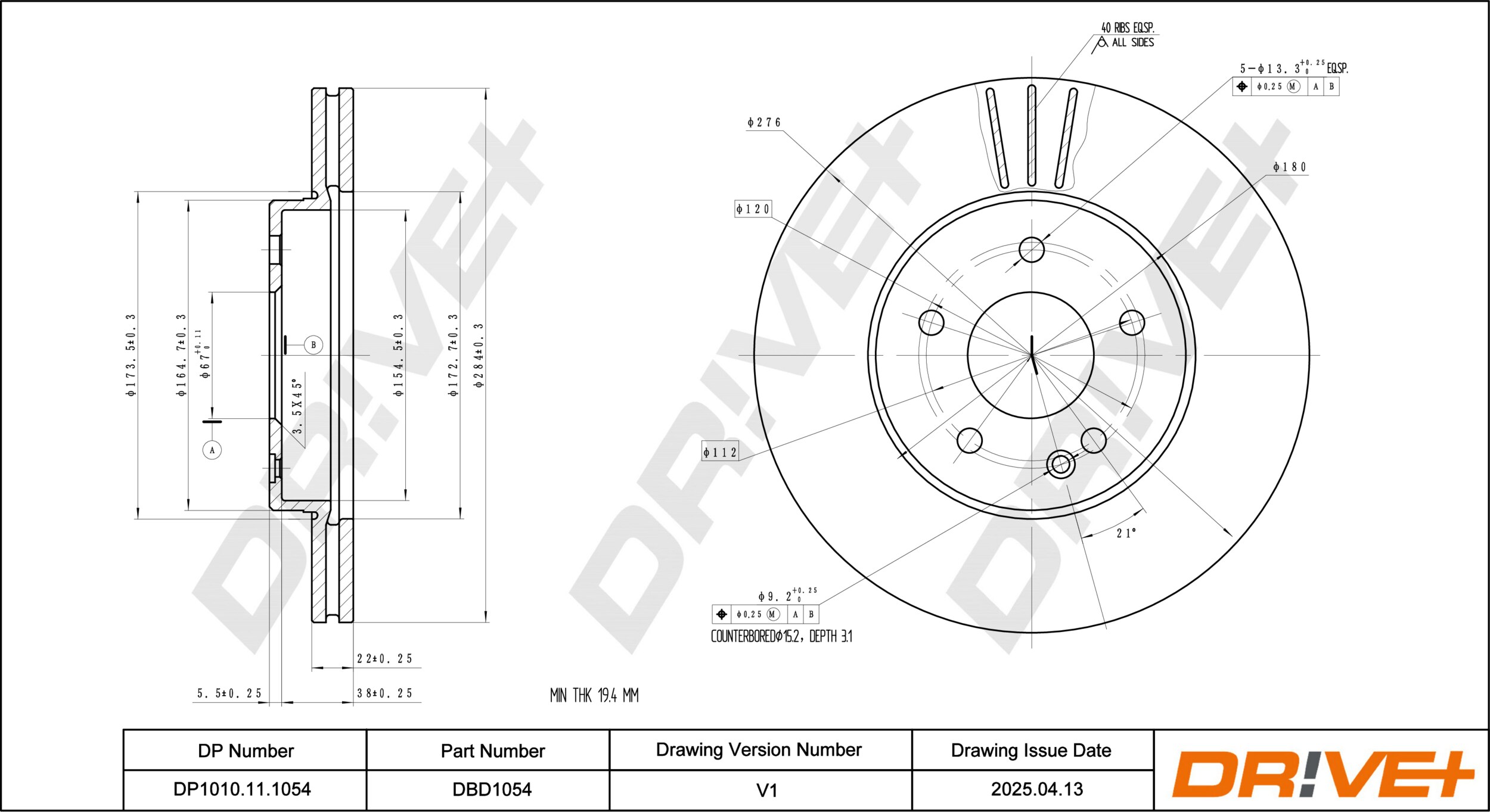 DR!VE+ Bremseskive dp1010111054 foraksel ventileret 284mm 22mm for MERCEDES-BENZ