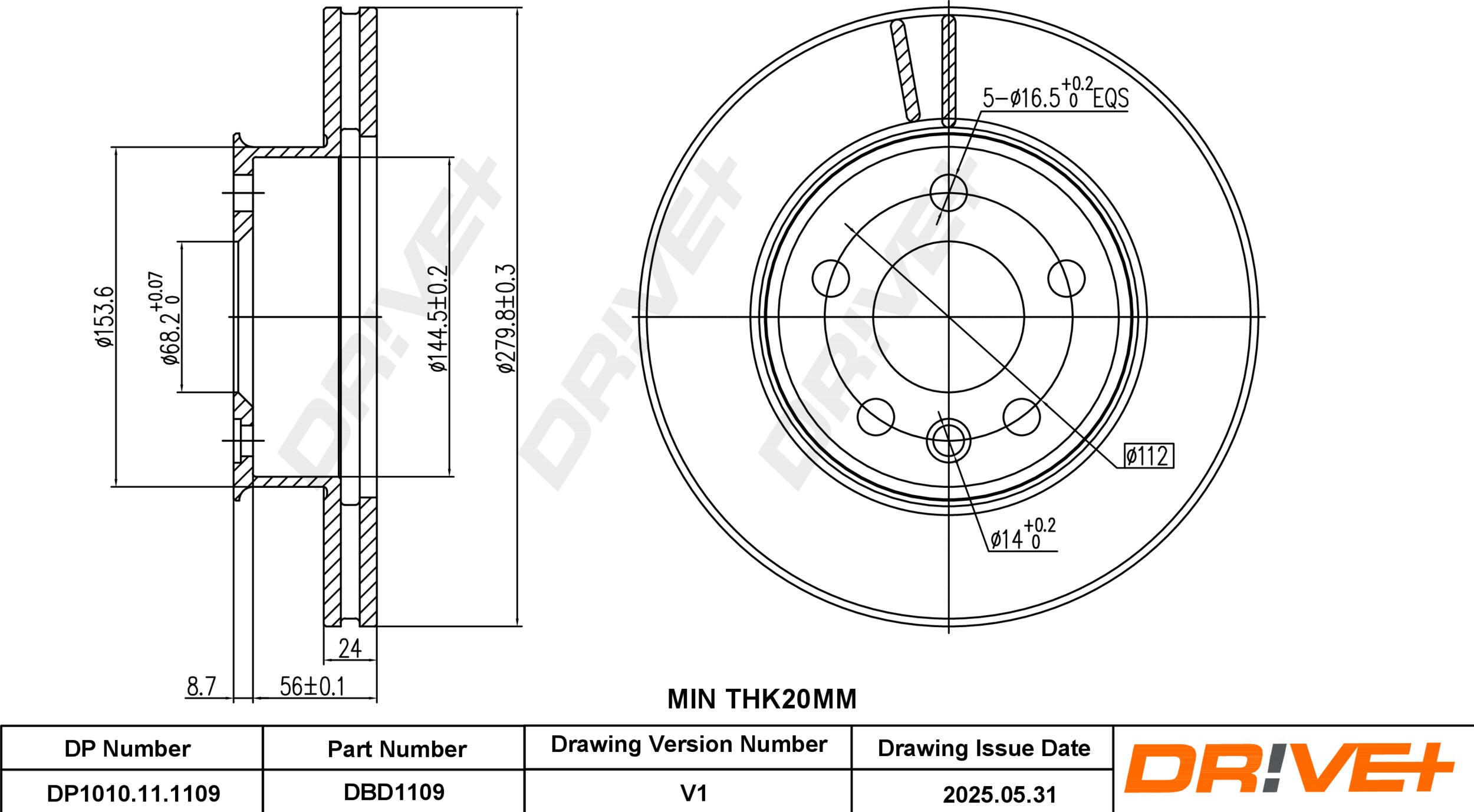 DR!VE+ Bremseskive dp1010111109 foraksel ventileret 280mm 24mm for VW