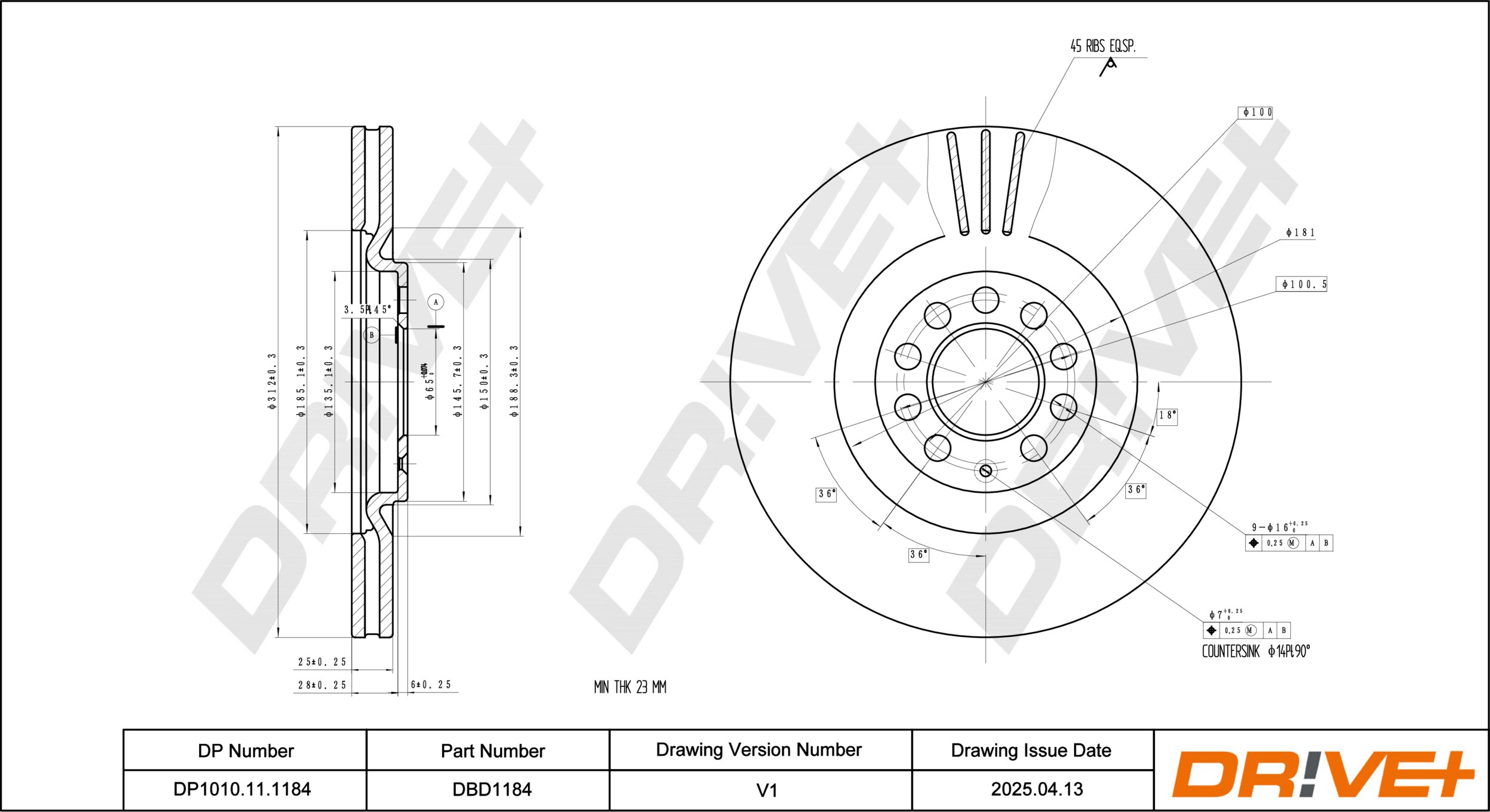 DR!VE+ Bremseskive dp1010111184 foraksel ventileret 312mm 25mm for VW SEAT