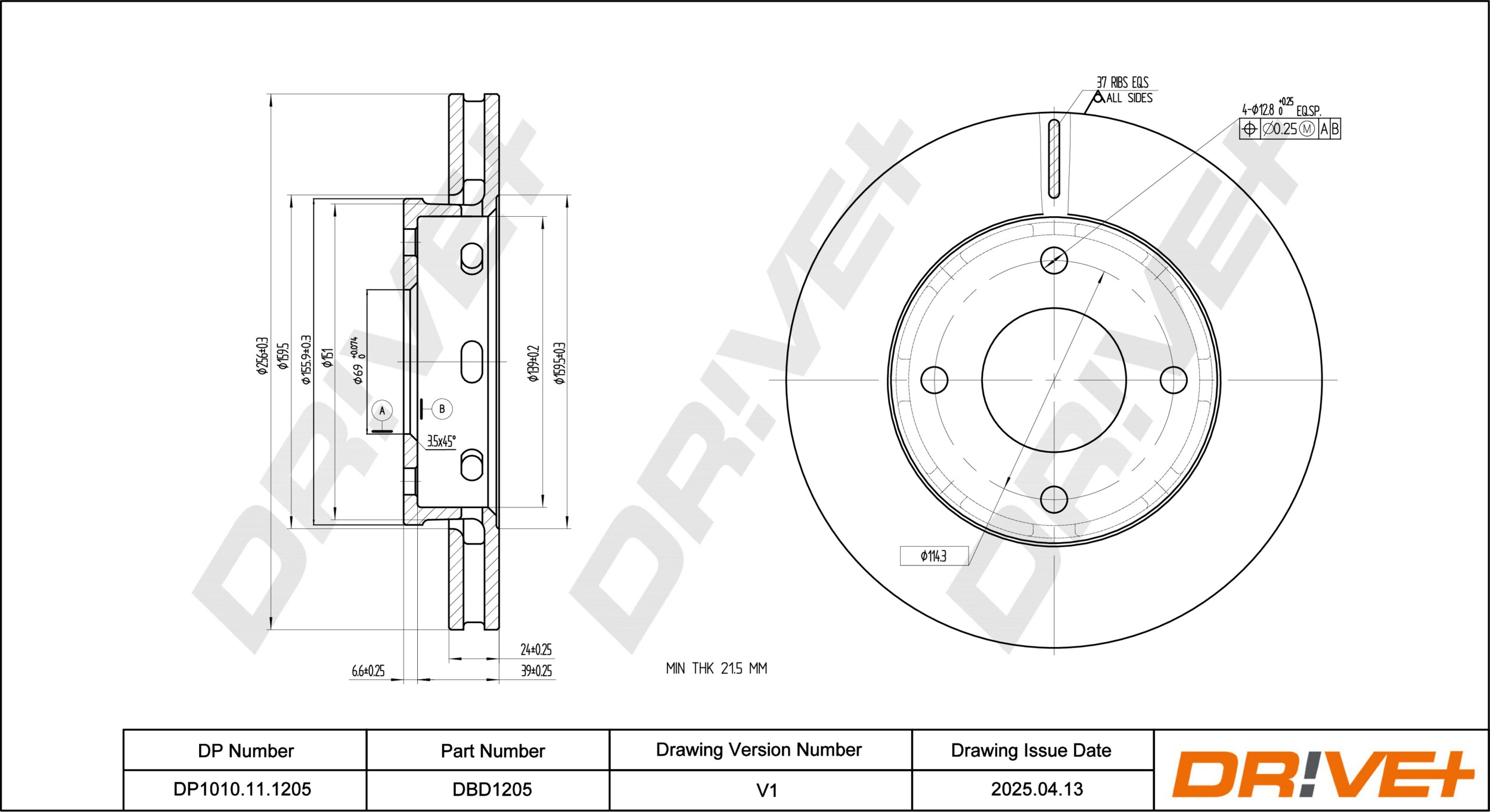 DR!VE+ Bremseskive dp1010111205 foraksel ventileret 256mm 24mm for MITSUBISHI SMART
