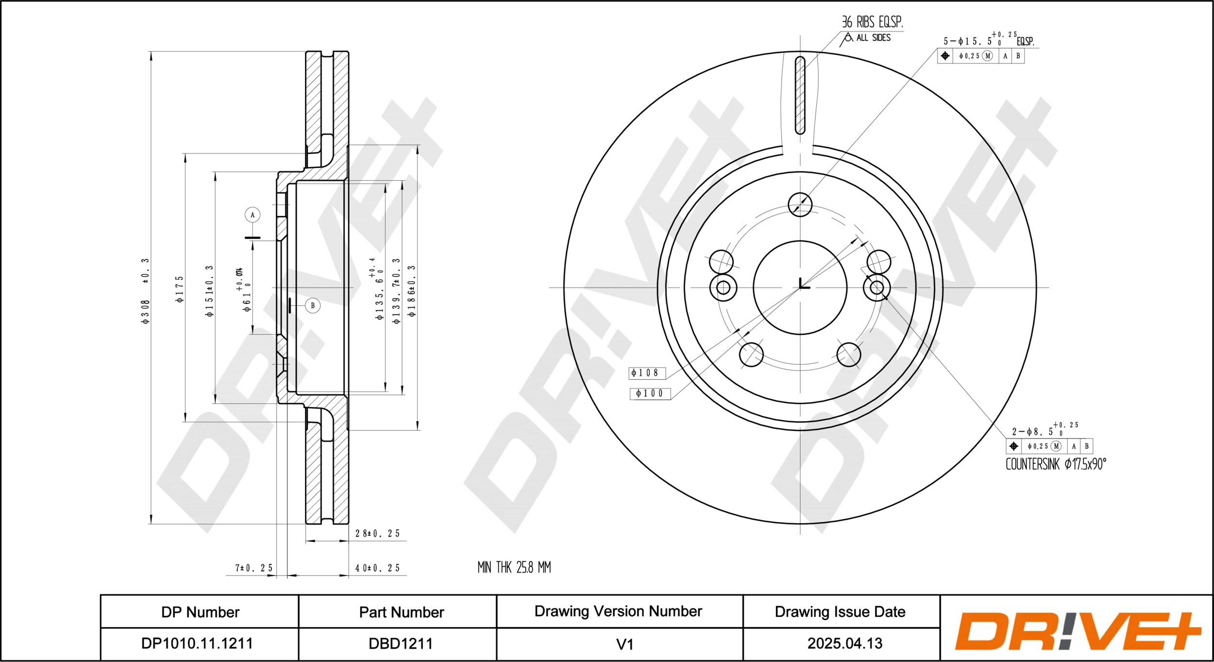 DR!VE+ Bremseskive dp1010111211 foraksel ventileret 308mm 28mm for RENAULT