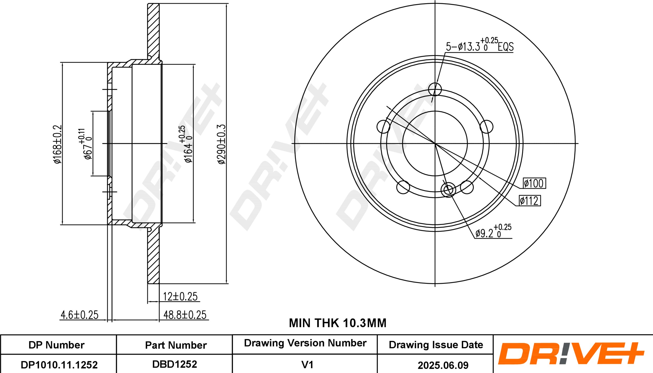 DR!VE+ Bremseskive dp1010111252 bagaksel fuld 290mm 12mm for MERCEDES-BENZ