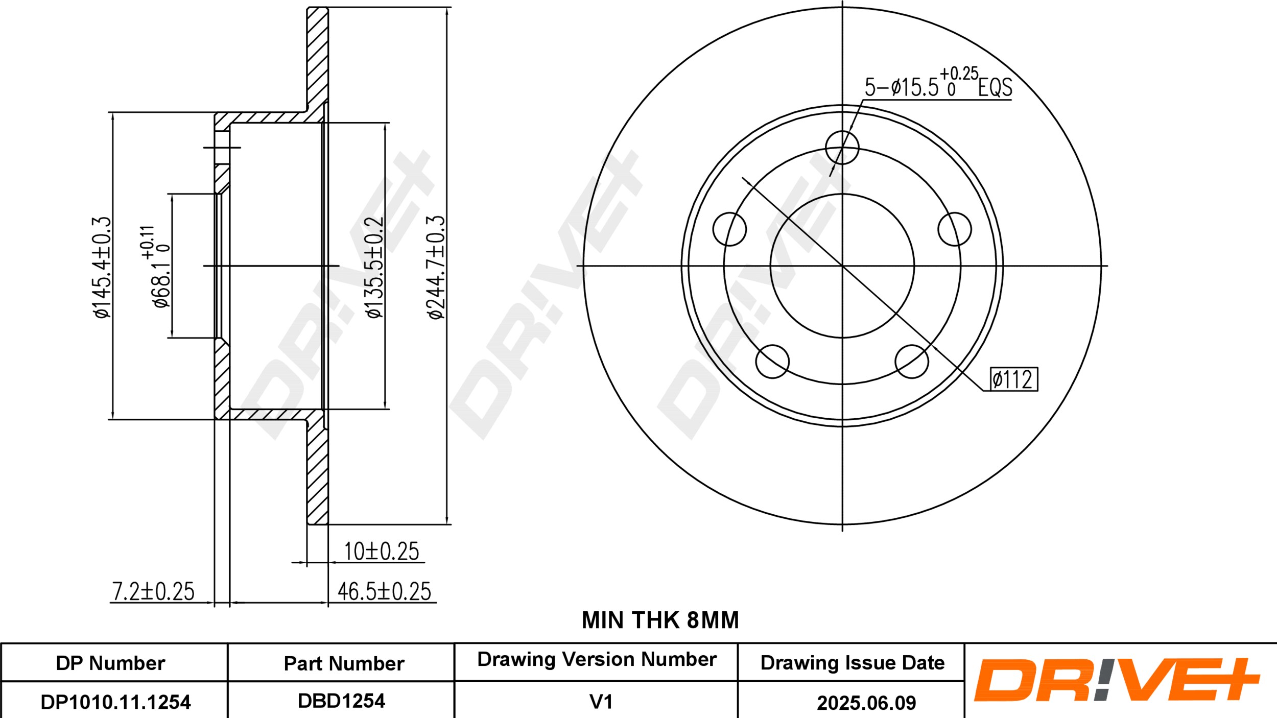 DR!VE+ Bremseskive dp1010111254 bagaksel fuld 245mm 10mm for VW AUDI