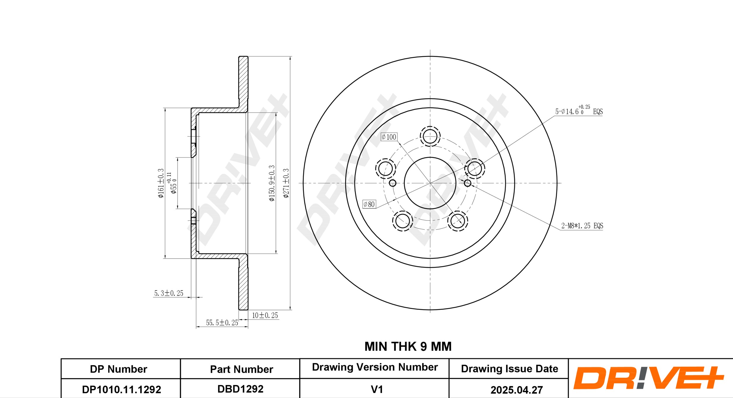 DR!VE+ Bremseskive dp1010111292 bagaksel fuld 271mm 10mm for TOYOTA