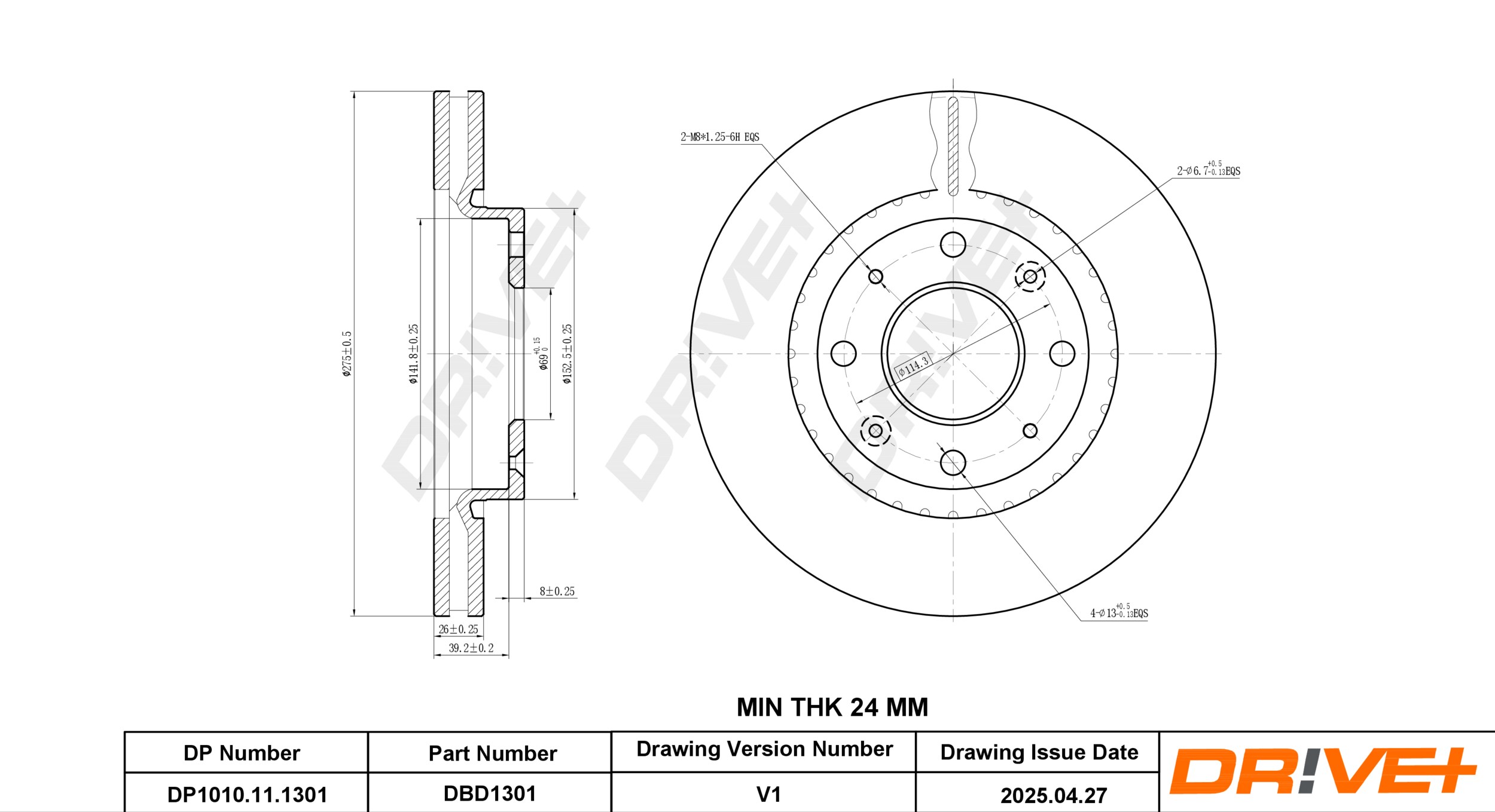 DR!VE+ Bremseskive dp1010111301 foraksel ventileret 276mm 26mm for KIA
