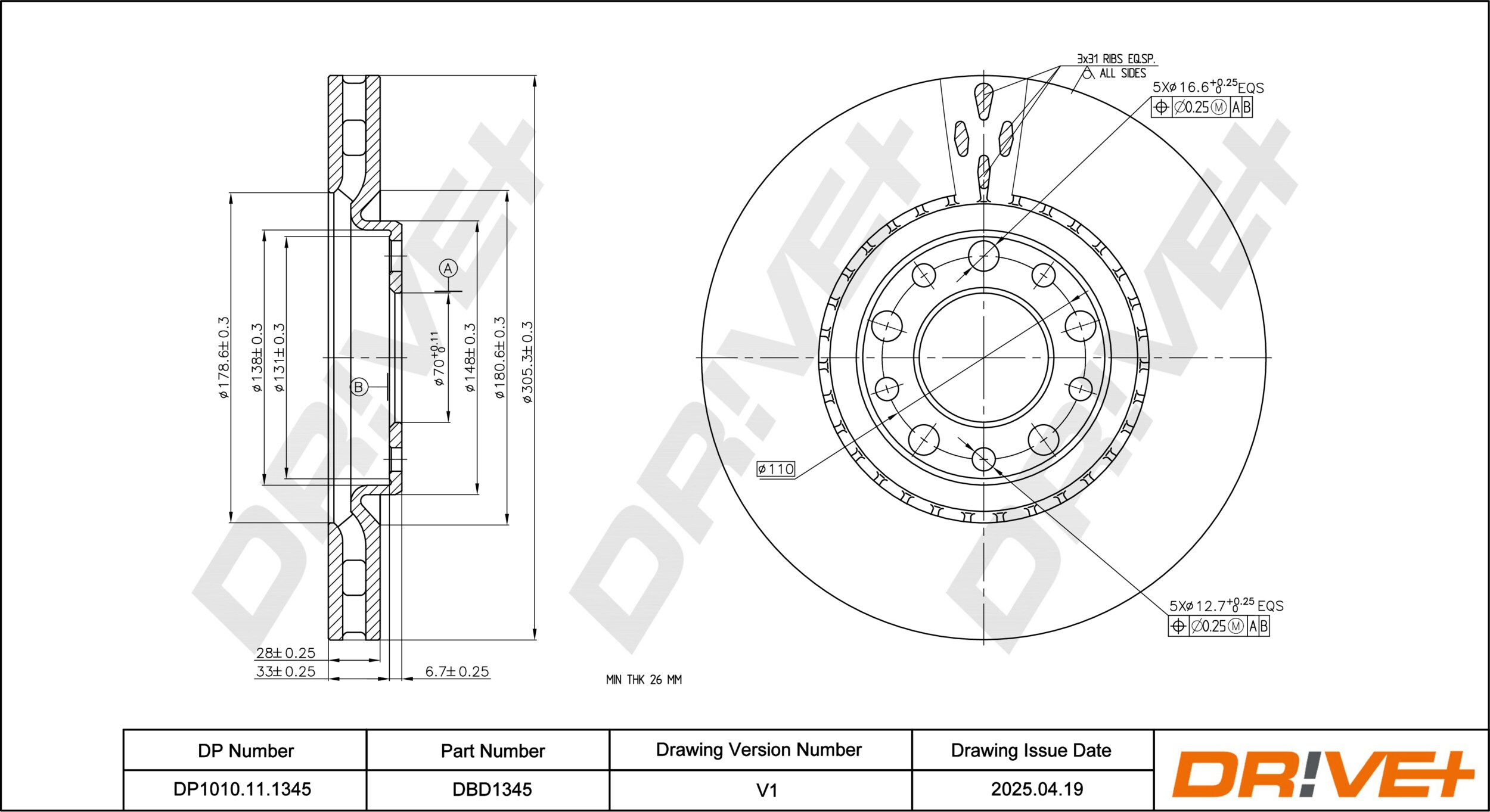 DR!VE+ Bremseskive dp1010111345 foraksel ventileret 306mm 28mm for FIAT JEEP CHRYSLER