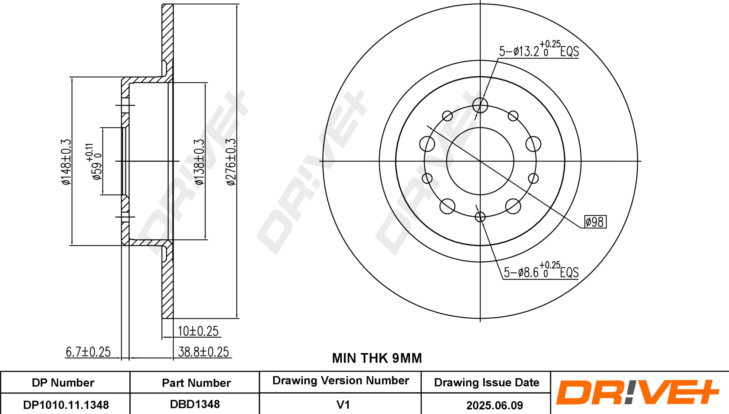 DR!VE+ Bremseskive dp1010111348 bagaksel fuld 276mm 10mm for FIAT ALFA ROMEO