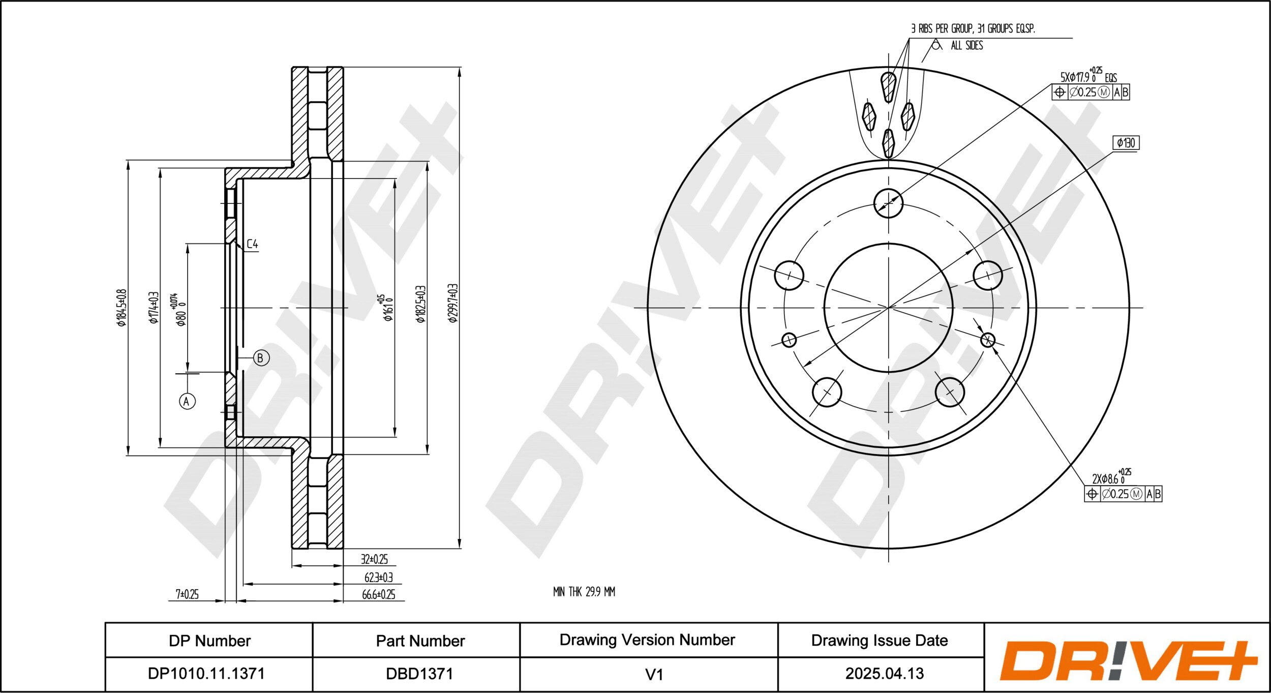 DR!VE+ Bremseskive dp1010111371 foraksel ventileret 300mm 32mm for PEUGEOT FIAT VAUXHALL RAM