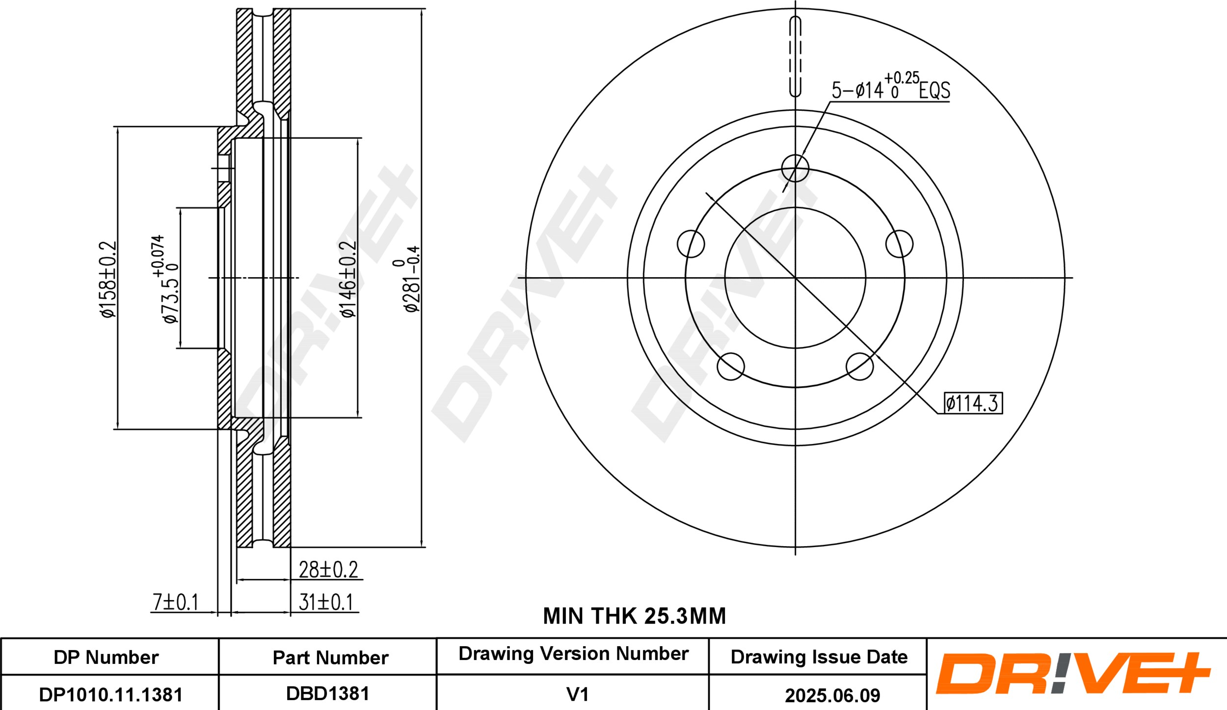 DR!VE+ Bremseskive dp1010111381 foraksel ventileret 281mm 28mm for CHRYSLER PLYMOUTH DODGE