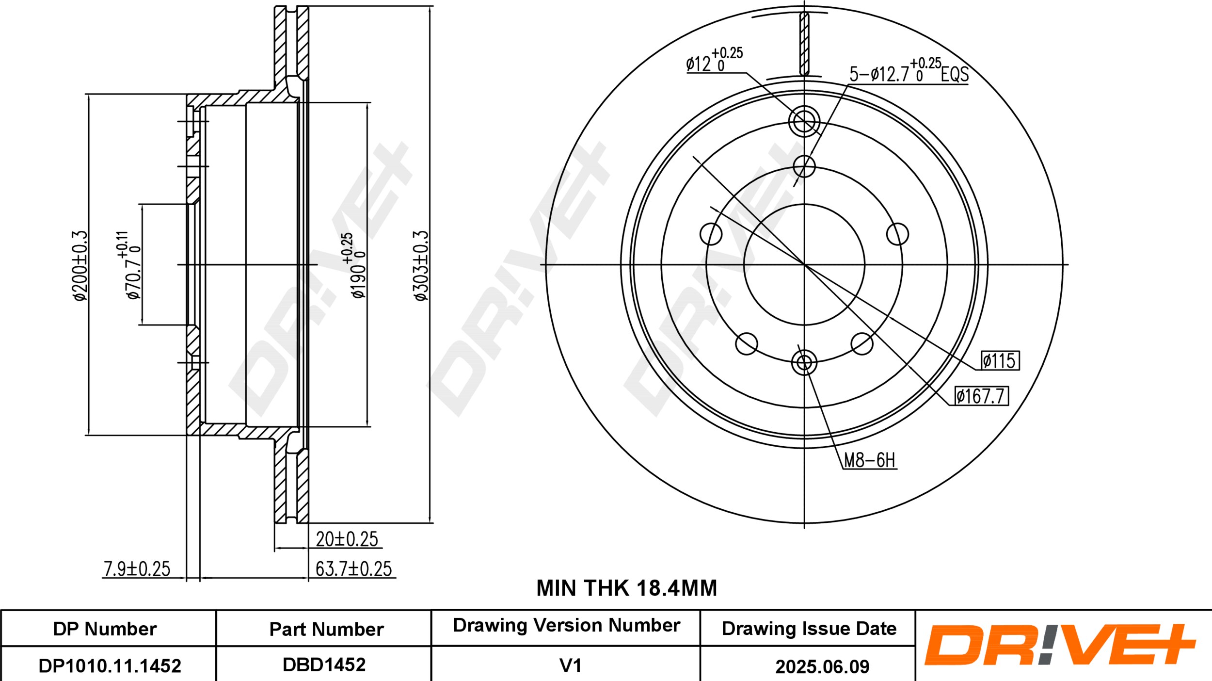 DR!VE+ Bremseskive dp1010111452 bagaksel ventileret 303mm 20mm for CHEVROLET