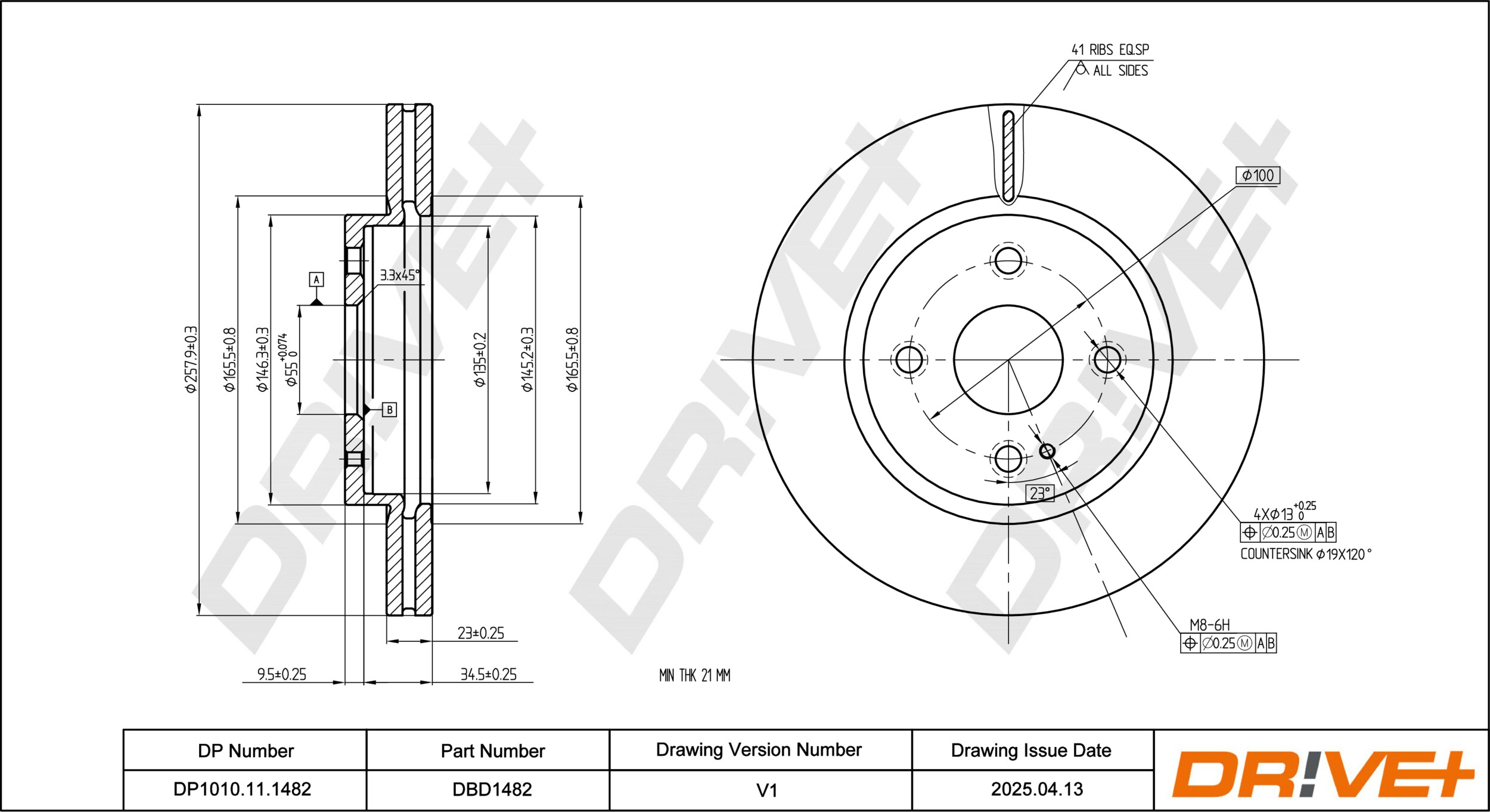 DR!VE+ Bremseskive dp1010111482 foraksel ventileret 258mm 23mm for FORD MAZDA FORD (CHANGAN) MAZDA (CHANGAN)