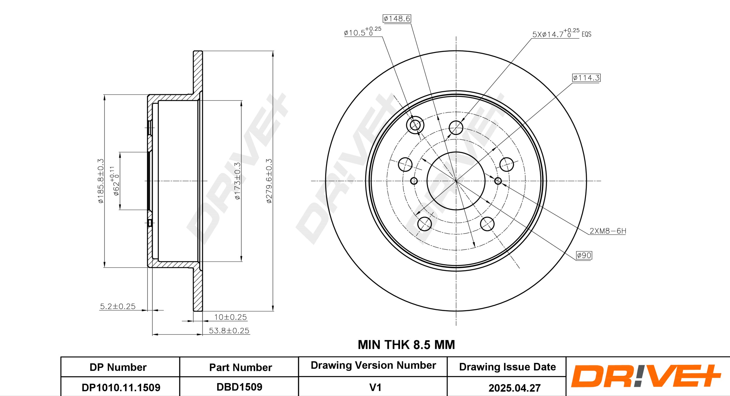 DR!VE+ Bremseskive dp1010111509 bagaksel fuld 280mm 10mm for TOYOTA