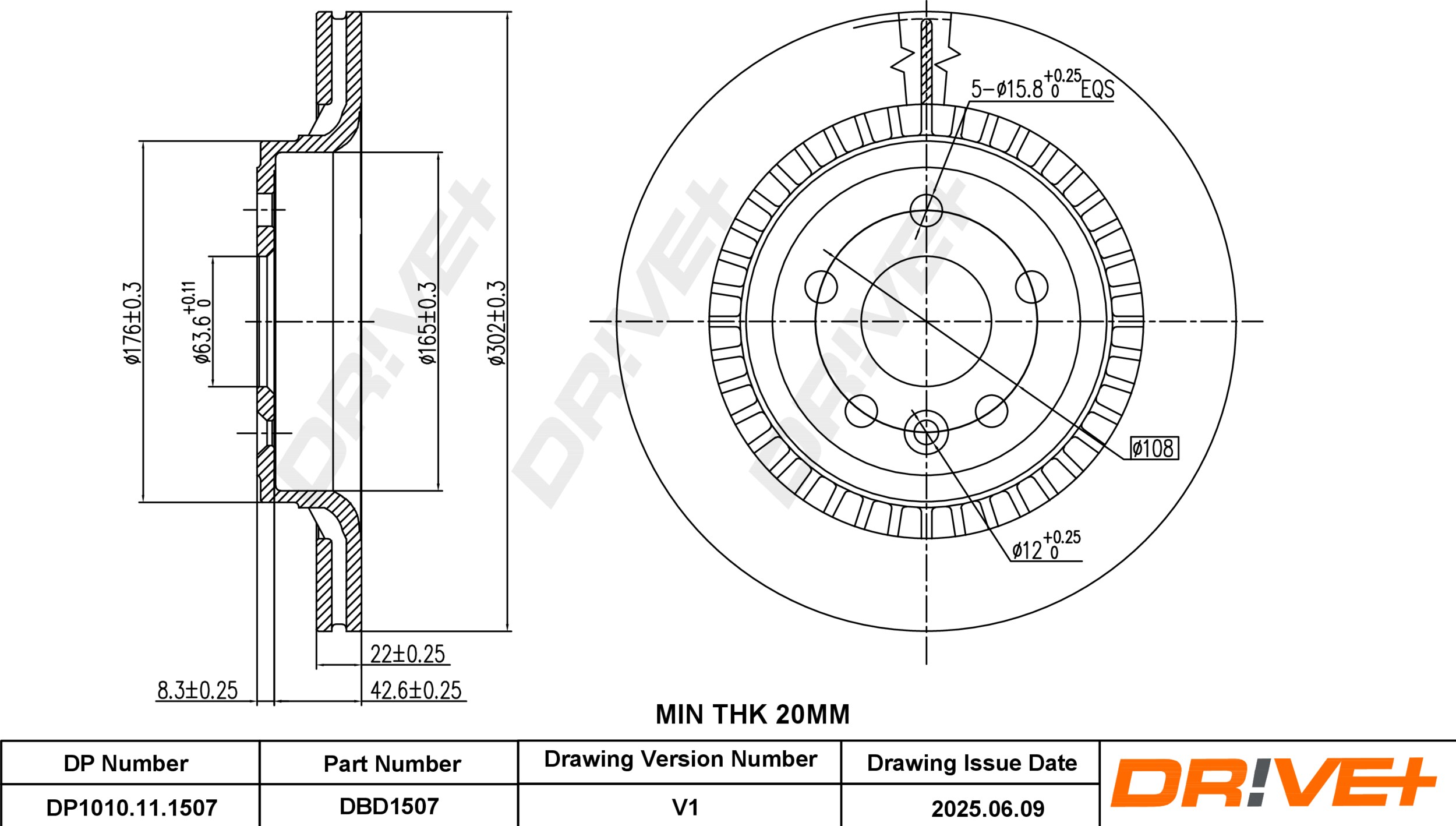 DR!VE+ Bremseskive dp1010111507 bagaksel ventileret 302mm 22mm for VOLVO