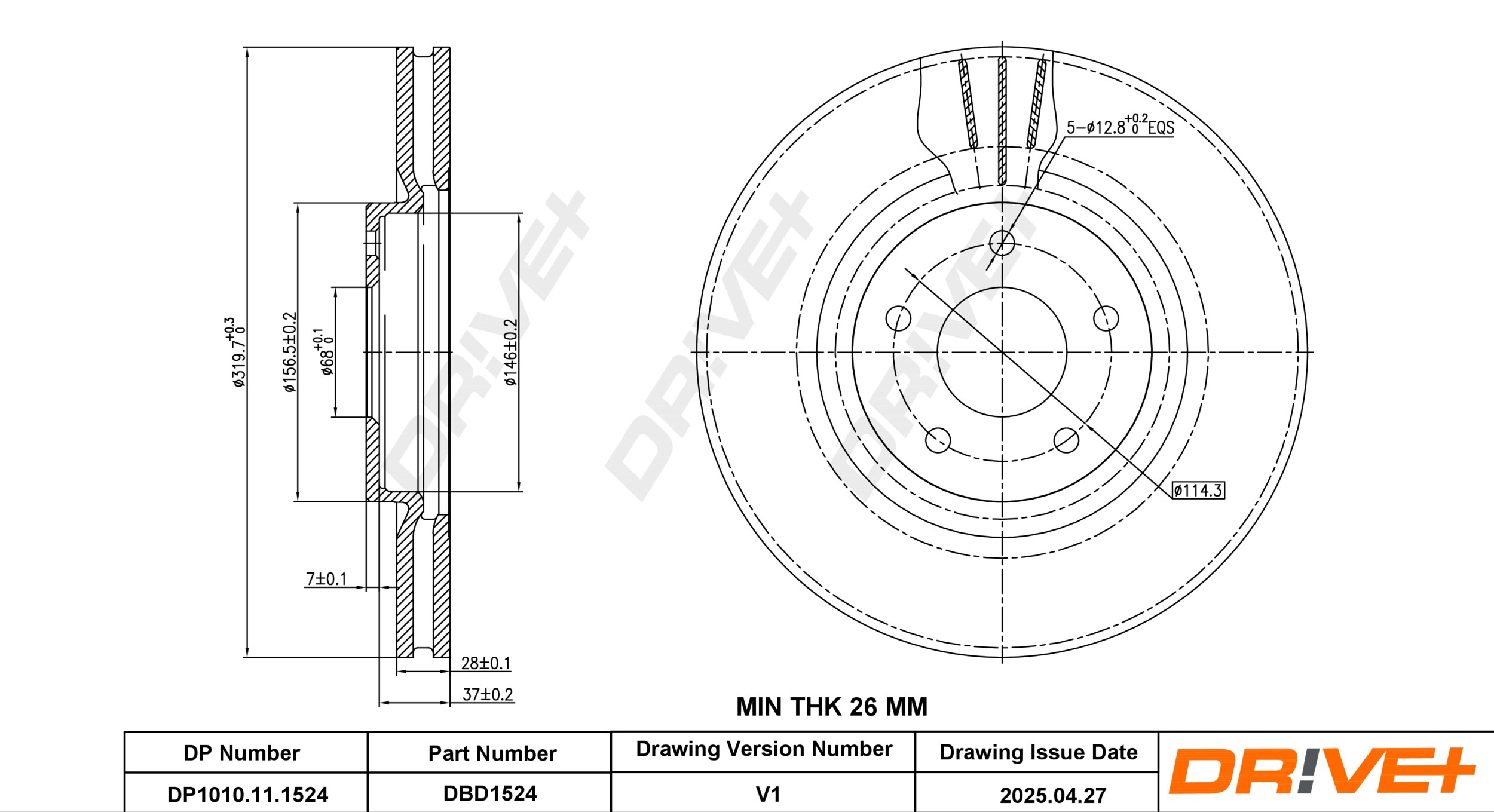 DR!VE+ Bremseskive dp1010111524 foraksel ventileret 320mm 28mm for RENAULT