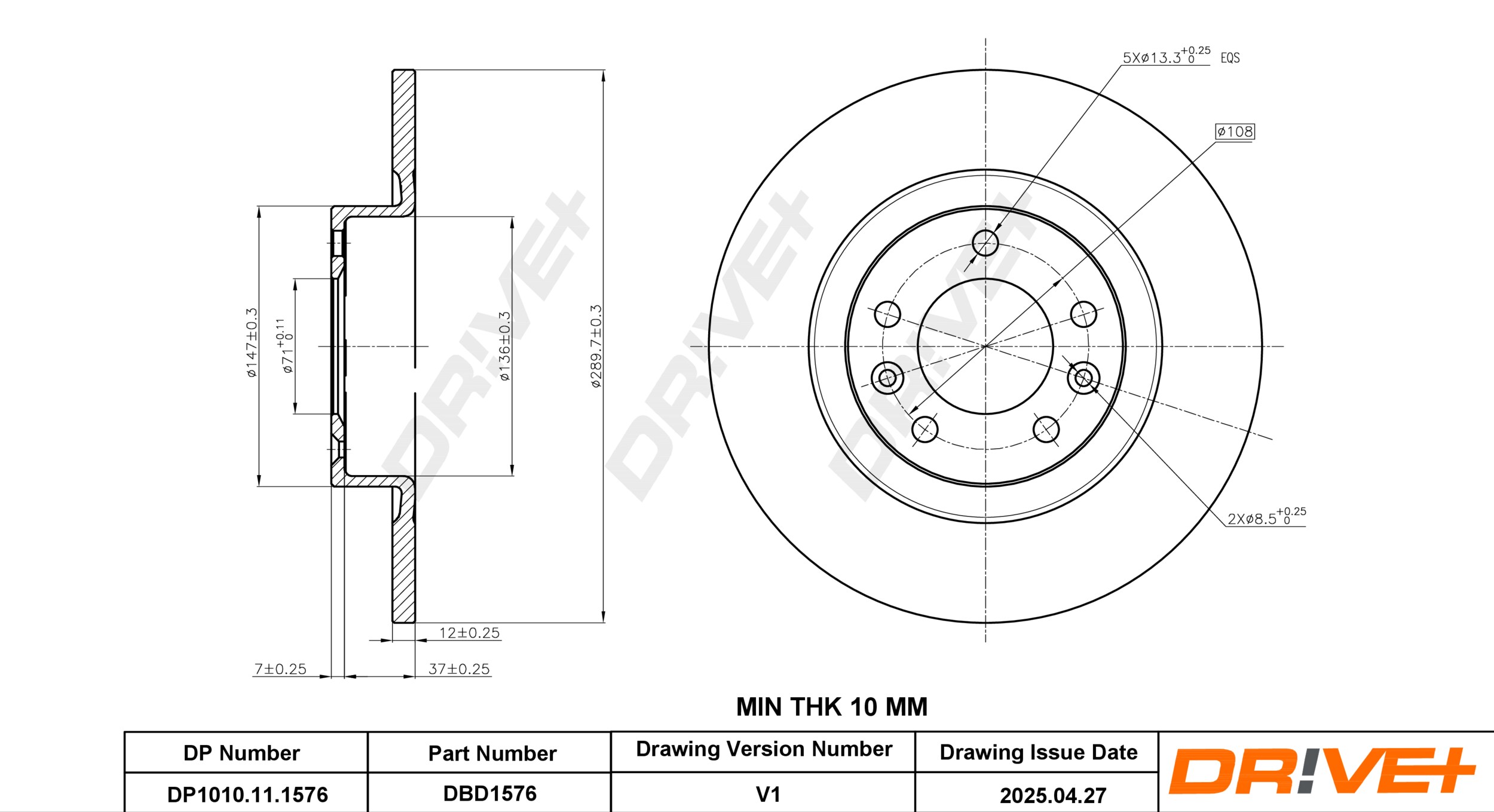 DR!VE+ Bremseskive dp1010111576 bagaksel fuld 290mm 12mm for PEUGEOT