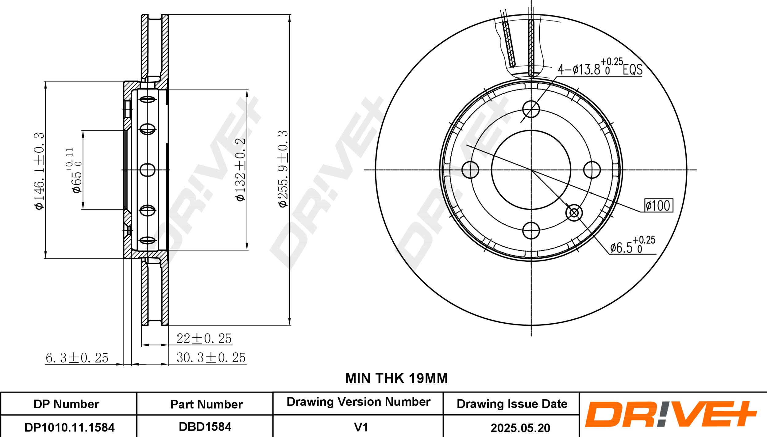 DR!VE+ Bremseskive dp1010111584 foraksel ventileret 256mm 22mm for VW