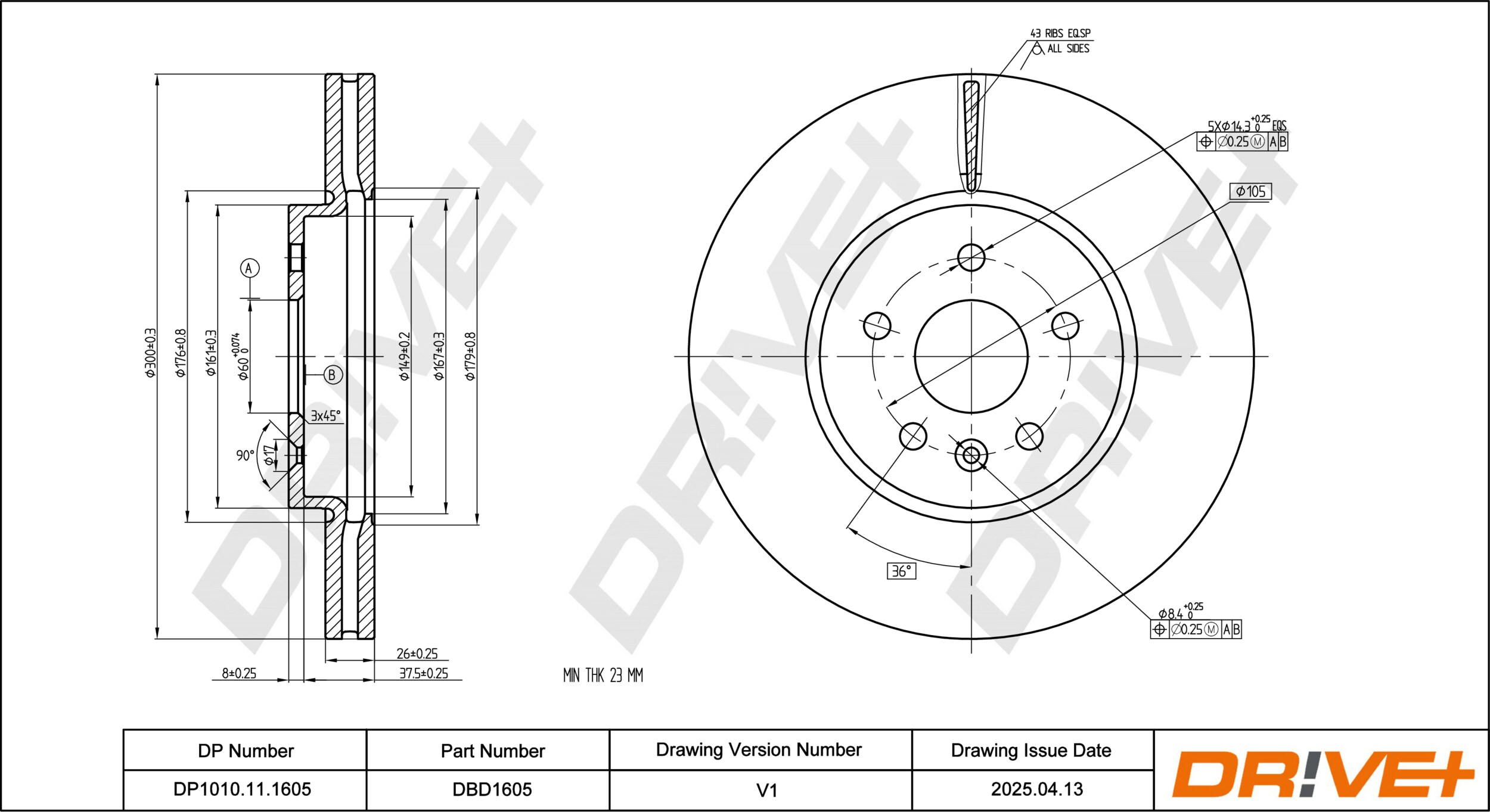 DR!VE+ Bremseskive dp1010111605 foraksel ventileret 300mm 26mm for VAUXHALL CHEVROLET BUICK