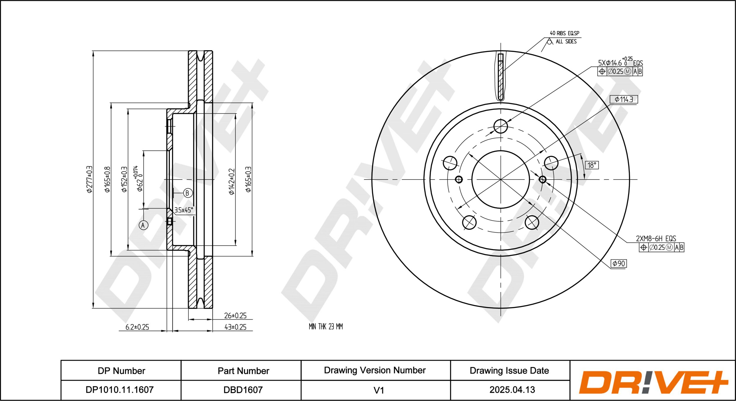 DR!VE+ Bremseskive dp1010111607 foraksel ventileret 277mm 26mm for TOYOTA