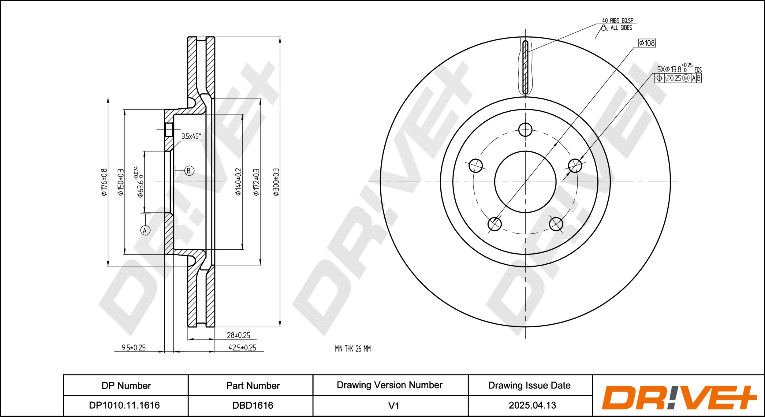 DR!VE+ Bremseskive dp1010111616 foraksel ventileret 300mm 28mm for FORD