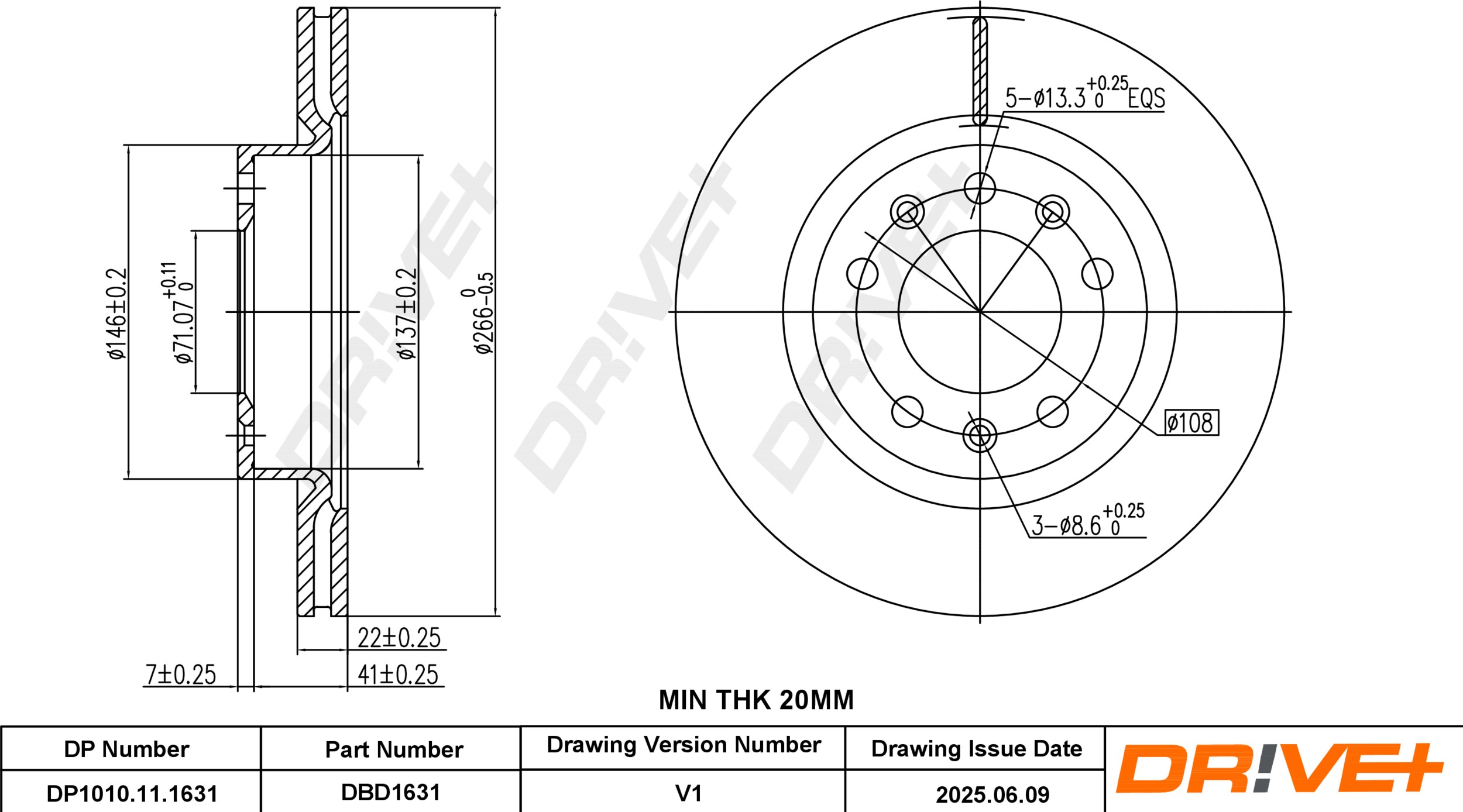 DR!VE+ Bremseskive dp1010111631 foraksel ventileret 266mm 22mm for PEUGEOT