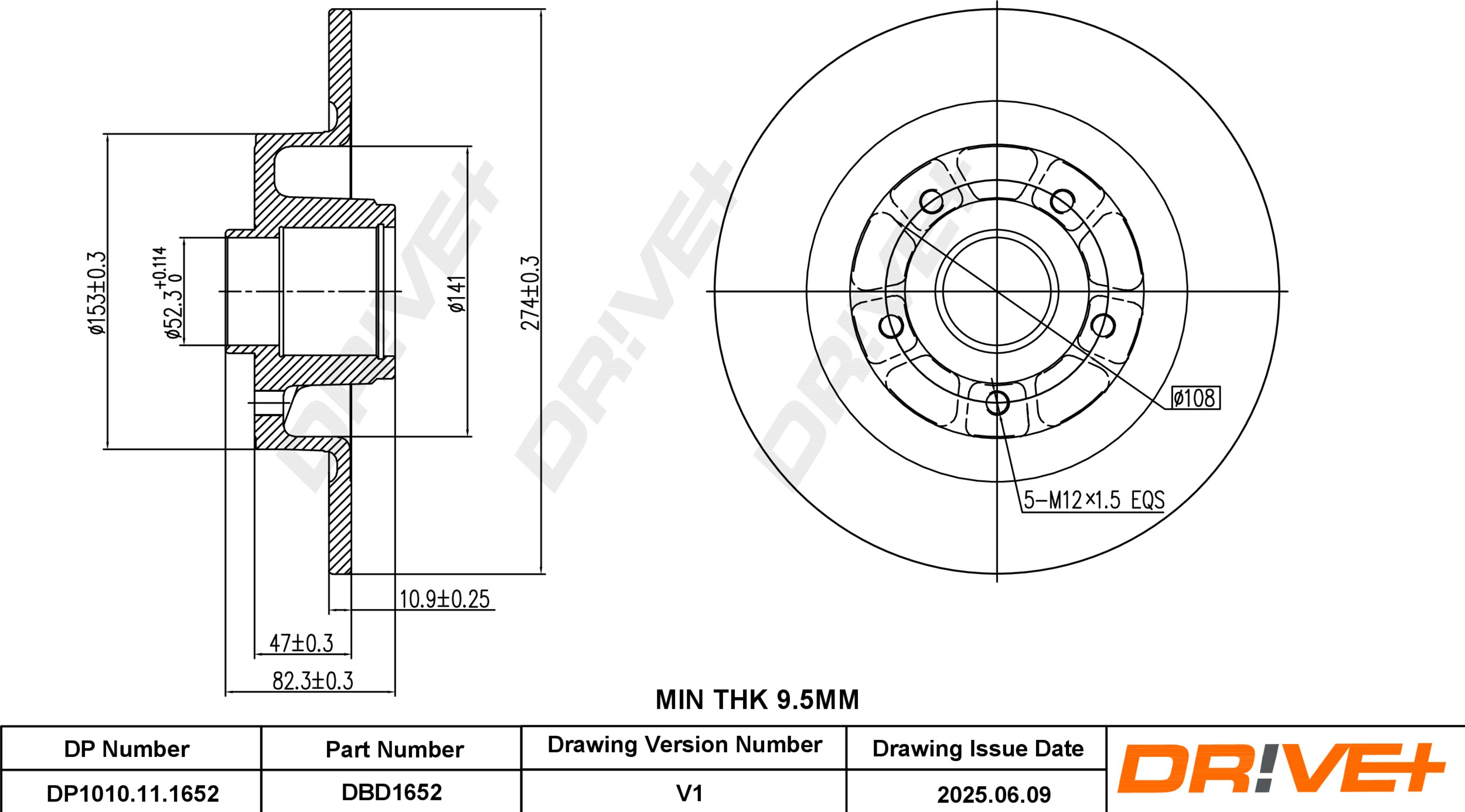 DR!VE+ Bremseskive dp1010111652 bagaksel fuld 274mm 11mm for RENAULT