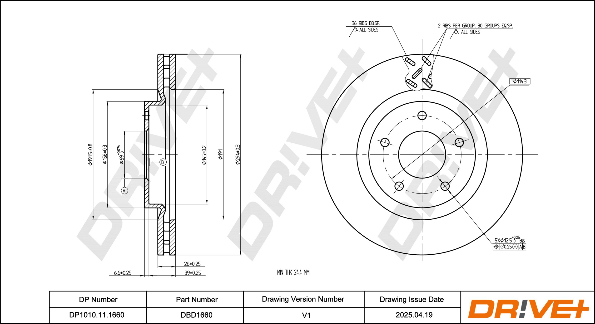 DR!VE+ Bremseskive dp1010111660 foraksel ventileret 294mm 26mm for PEUGEOT JEEP MITSUBISHI