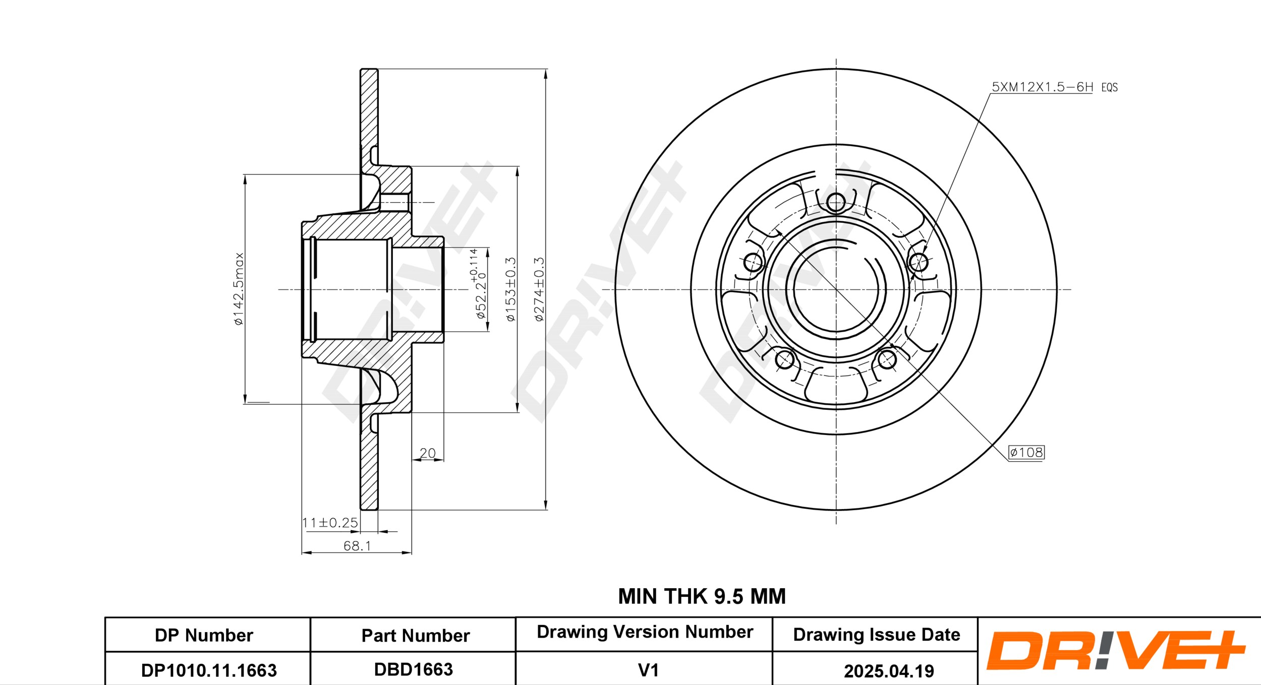 DR!VE+ Bremseskive dp1010111663 bagaksel fuld 274mm 11mm for MERCEDES-BENZ NISSAN RENAULT