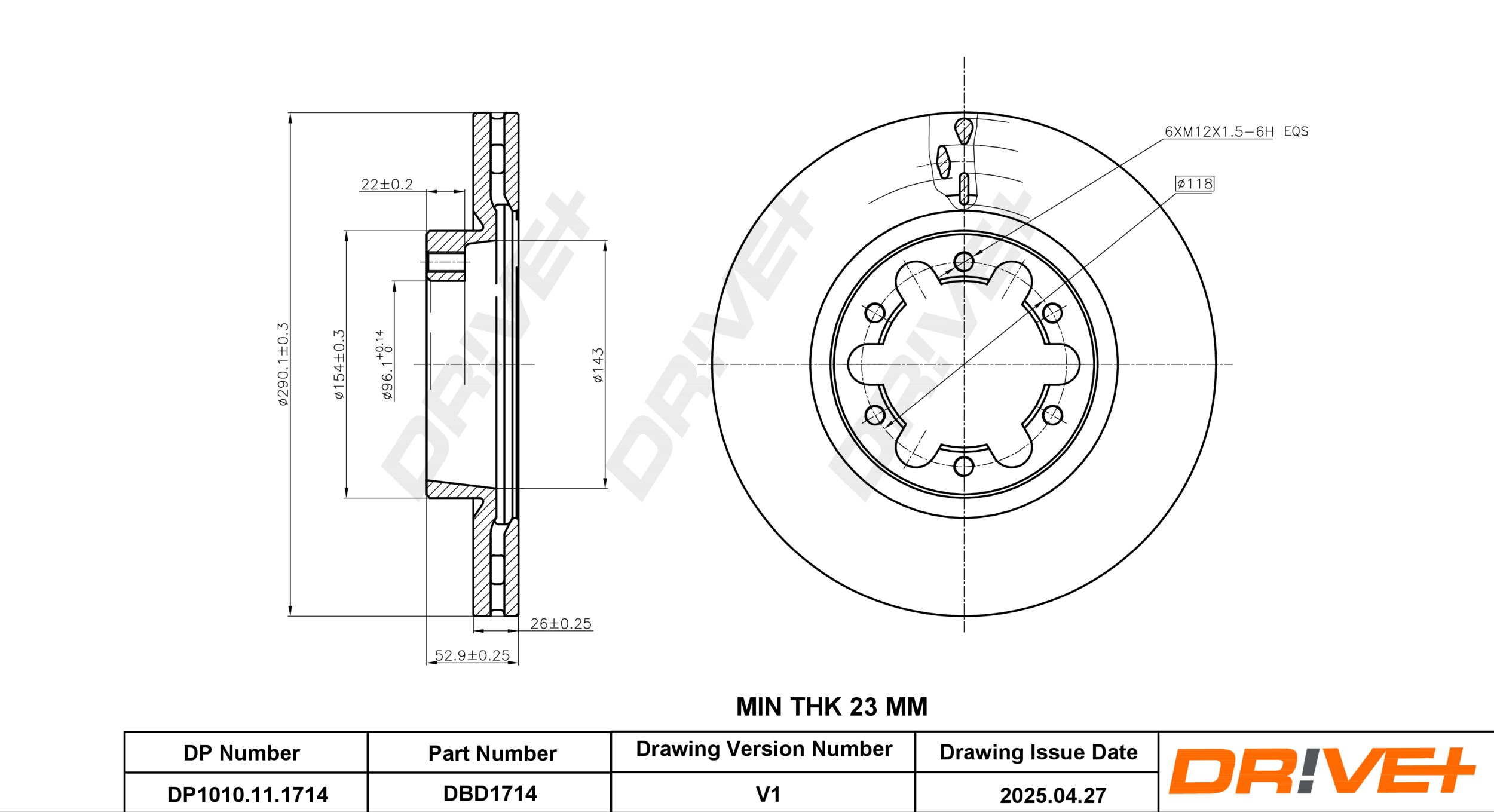 DR!VE+ Bremseskive dp1010111714 foraksel ventileret 290mm 26mm for NISSAN RENAULT TRUCKS