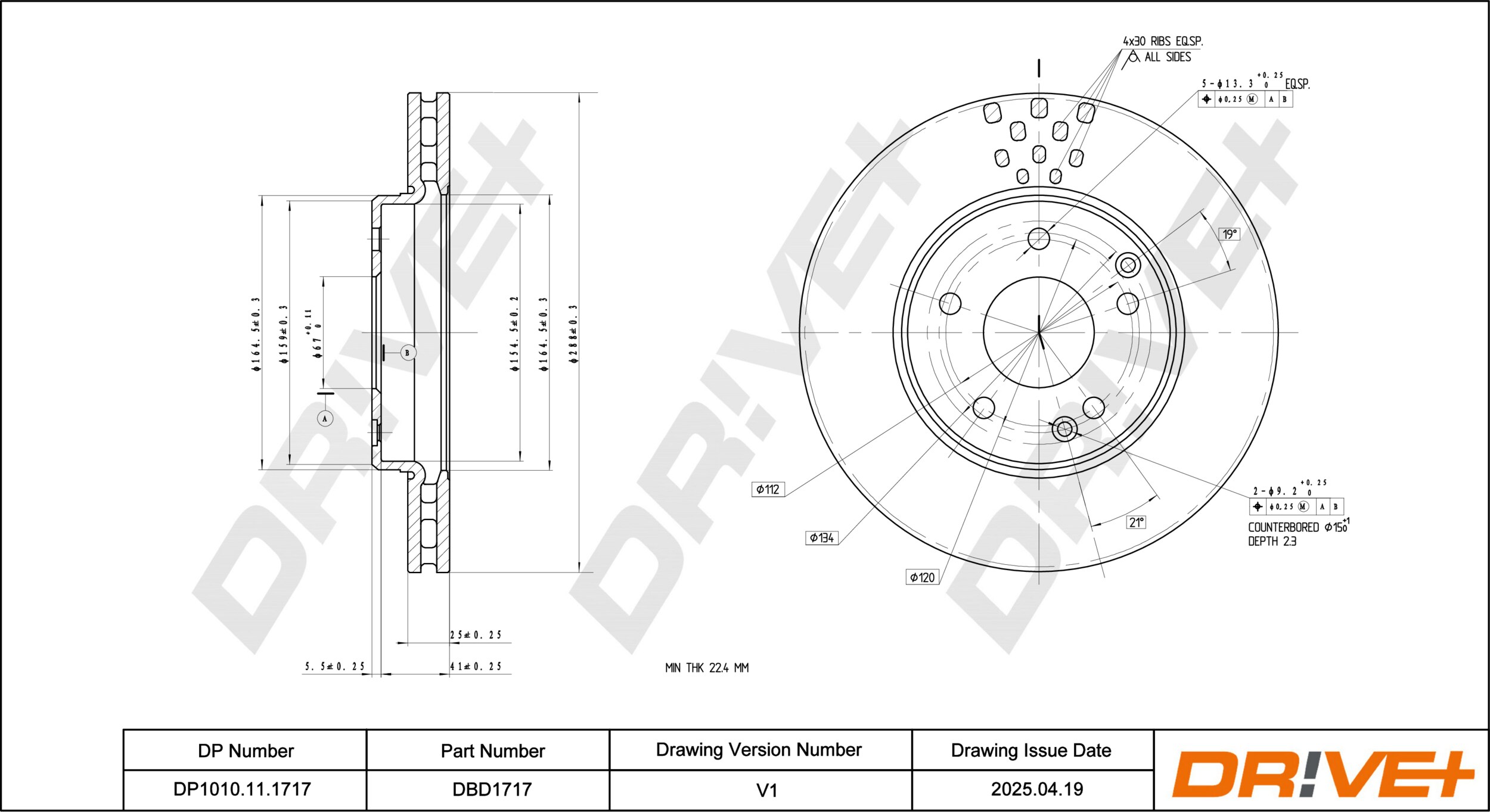 DR!VE+ Bremseskive dp1010111717 foraksel ventileret 288mm 25mm for MERCEDES-BENZ CHRYSLER