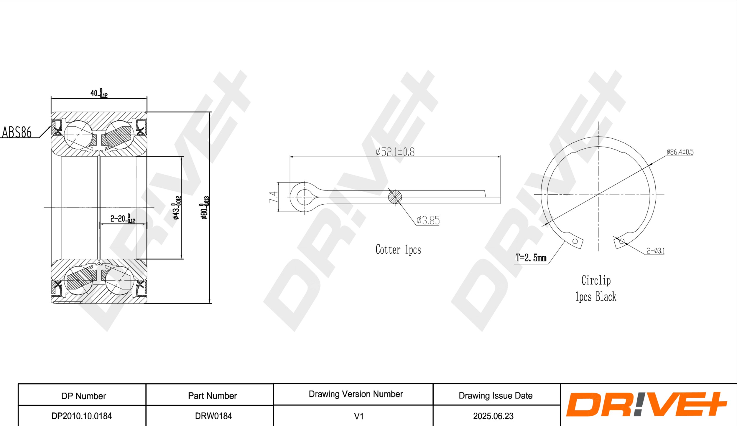 DR!VE+ Hjullejesæt dp2010100184 foraksel for PEUGEOT MITSUBISHI DODGE LANCIA JEEP