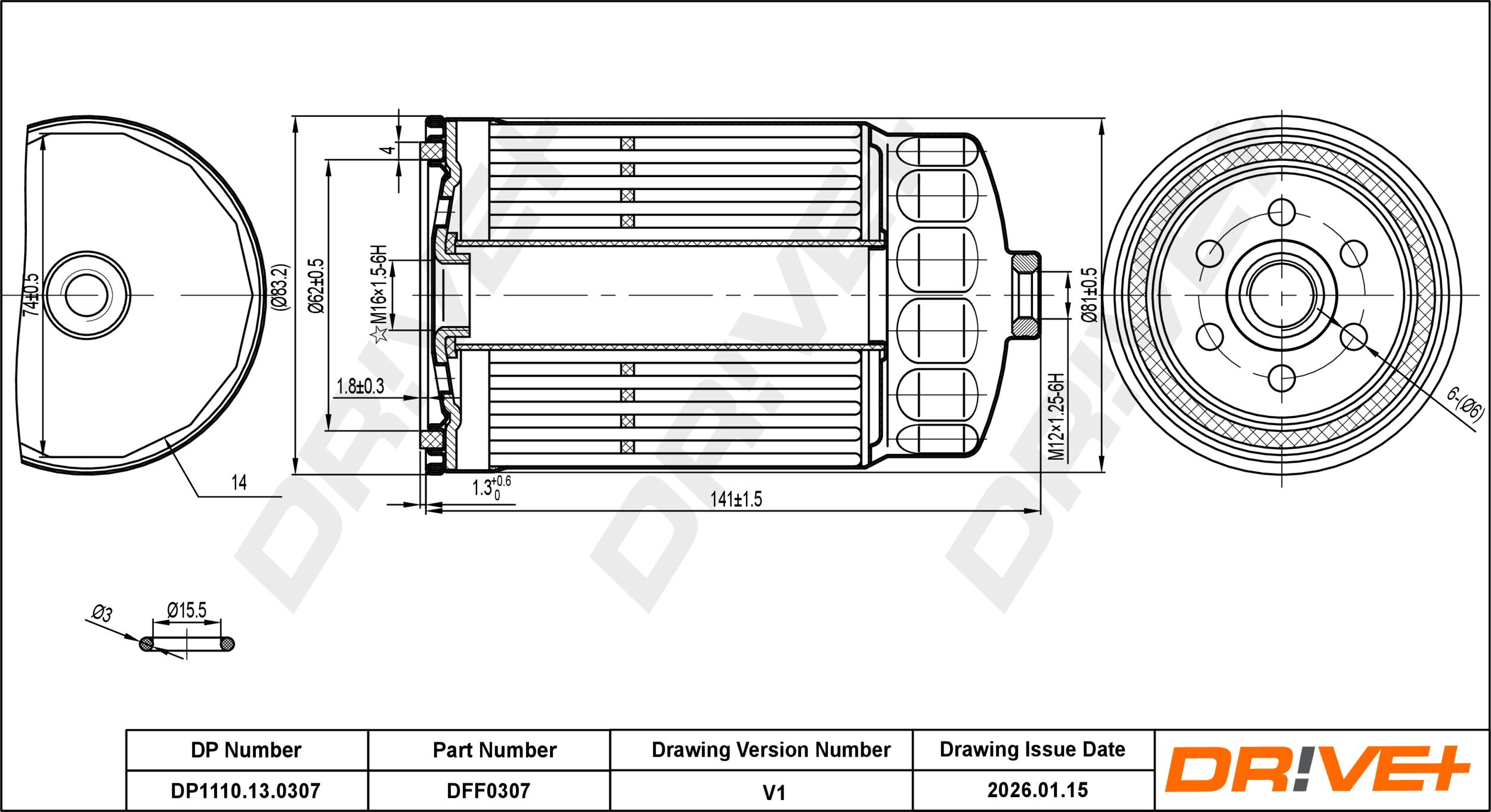 DR!VE+ Brændstof-filter dp1110130307 Ledningsfilter 138mm M12x1.25-6H,M16x1.5- for SSANGYONG KIA HYUNDAI