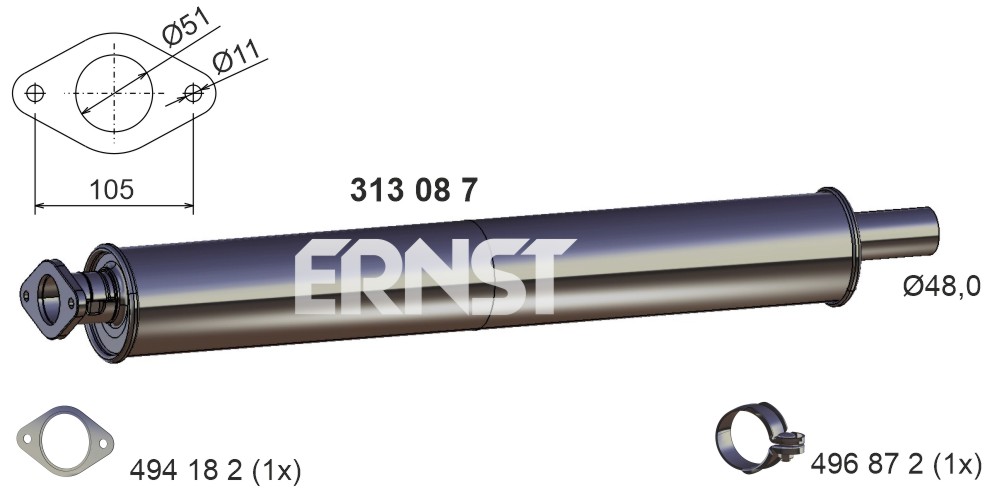 ERNST Forreste lyddæmper 313087 for FORD VOLVO