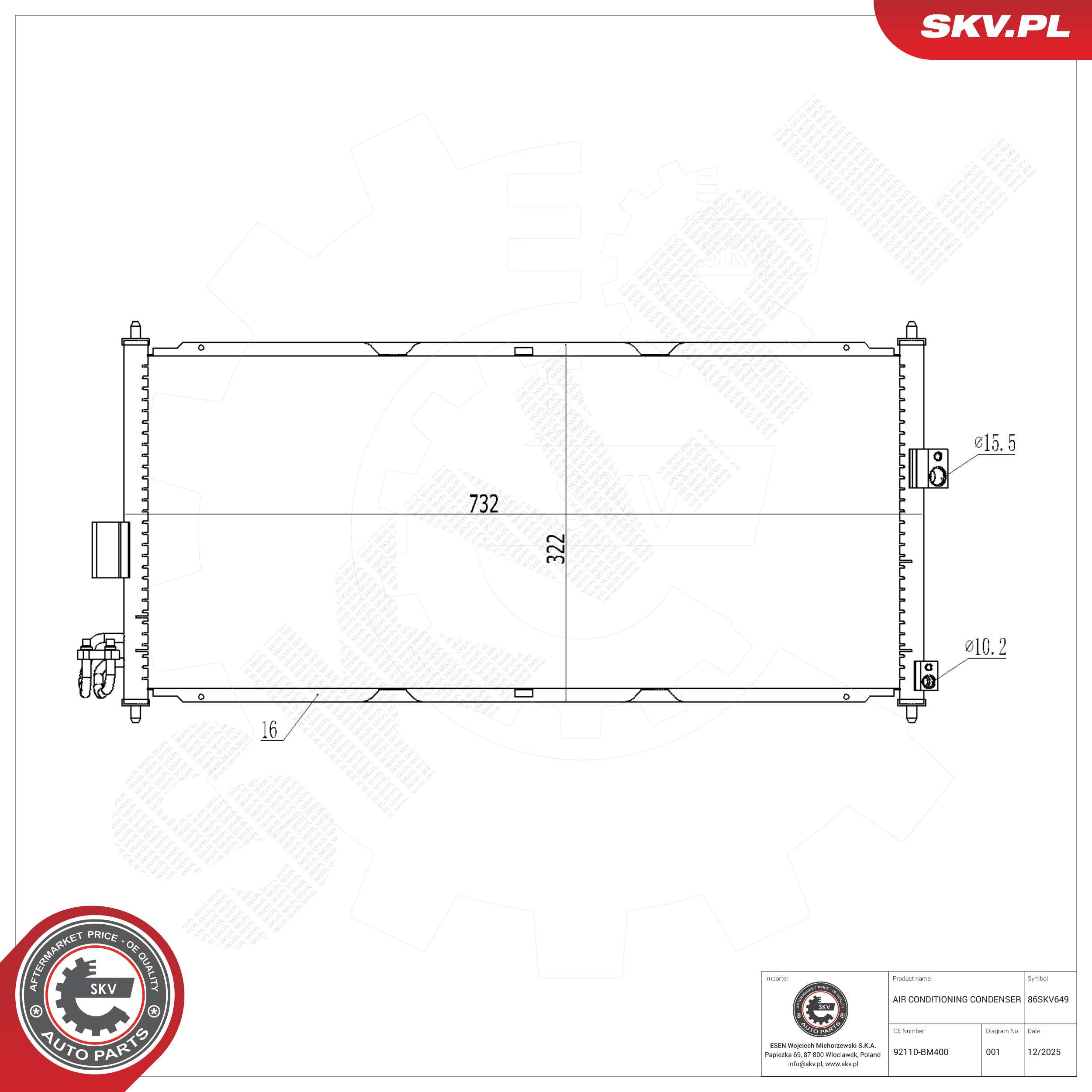 ESEN SKV Kondensor, klimaanlæg 86skv649 for NISSAN