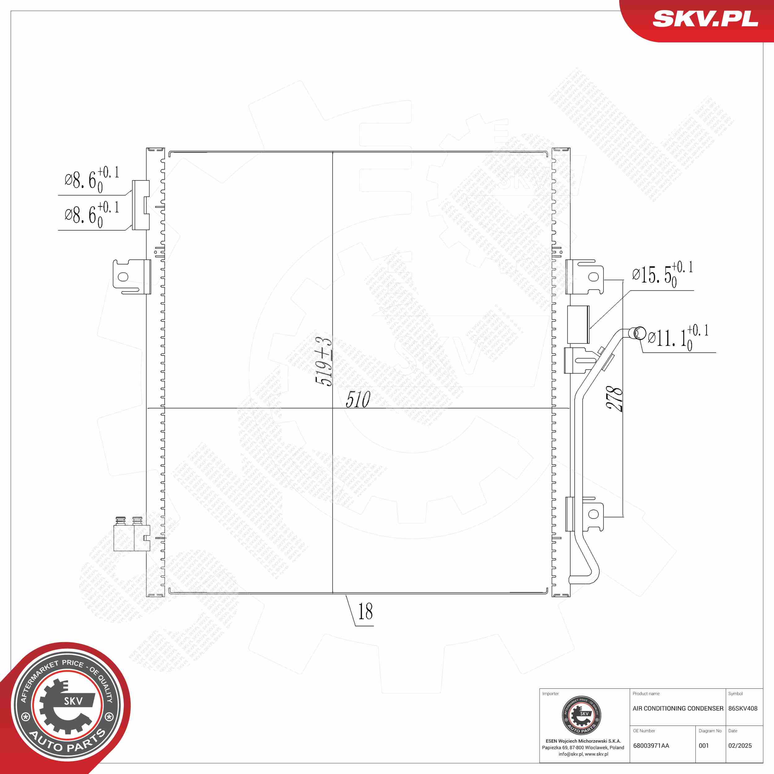 ESEN SKV Kondensor, klimaanlæg 86skv408 for JEEP DODGE