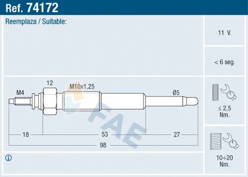 FAE Gløderør 74172 for PEUGEOT GENERAL MOTORS TOYOTA DAIHATSU