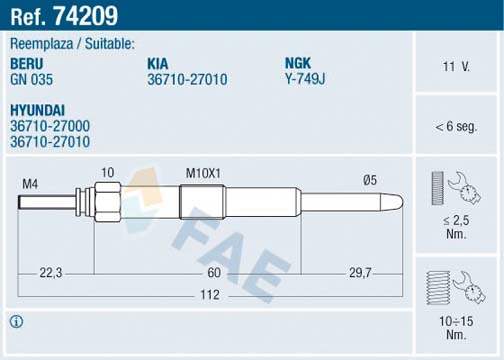 FAE Gløderør 74209 for HYUNDAI KIA