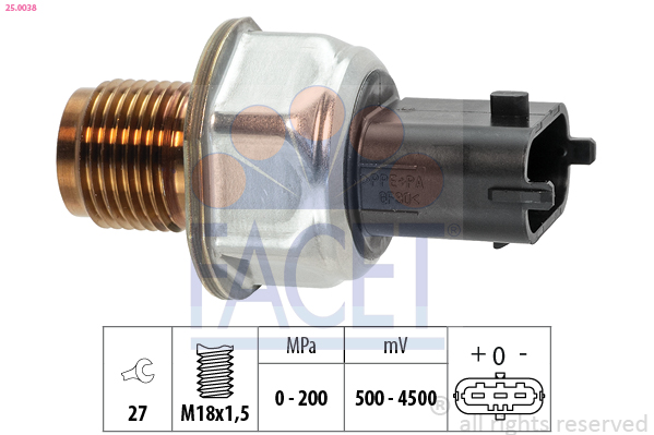 FACET Sensor, olietryk 250038 for OPEL FORD VOLVO IVECO FIAT VAUXHALL CHEVROLET CADILLAC PEUGEOT FORD USA MAN SUZUKI KIA RENAULT TRUCKS
